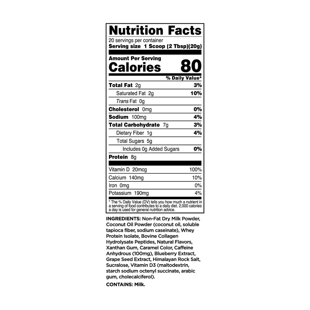 Bottle and glass of Perk Energy Root Beer Freeze shake beside tub