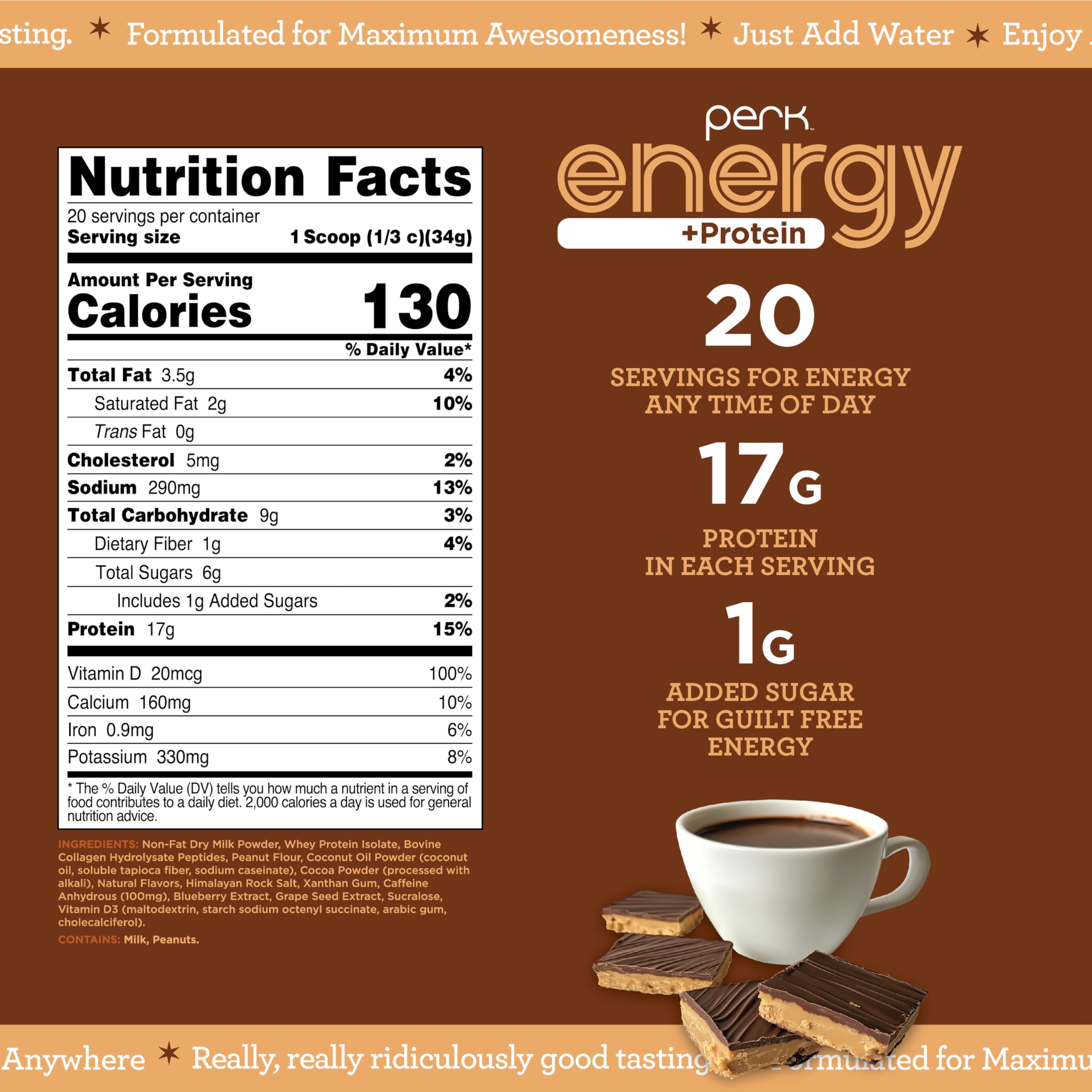 Perk Energy + Protein serving tub on kitchen counter ready for a nutrition boost