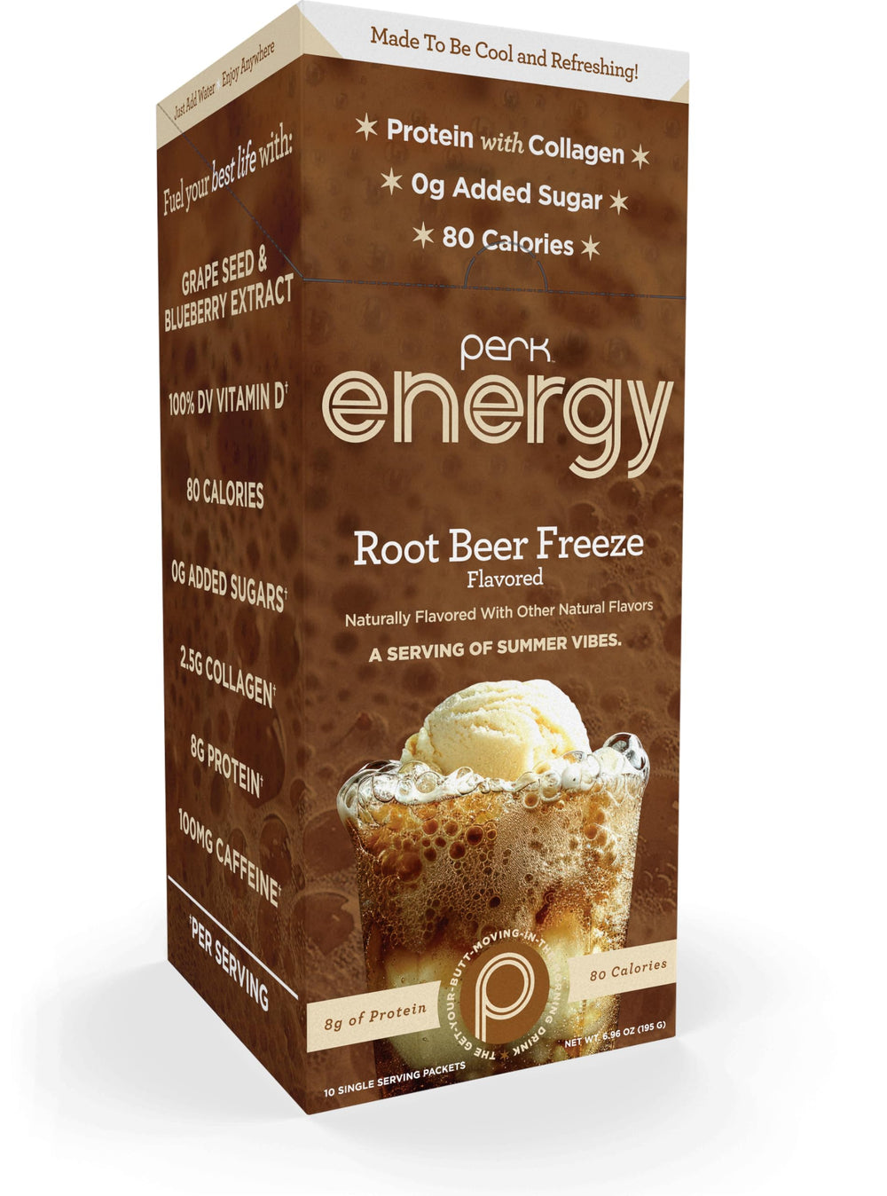 Front view of Perk Energy Root Beer Freeze stickpack