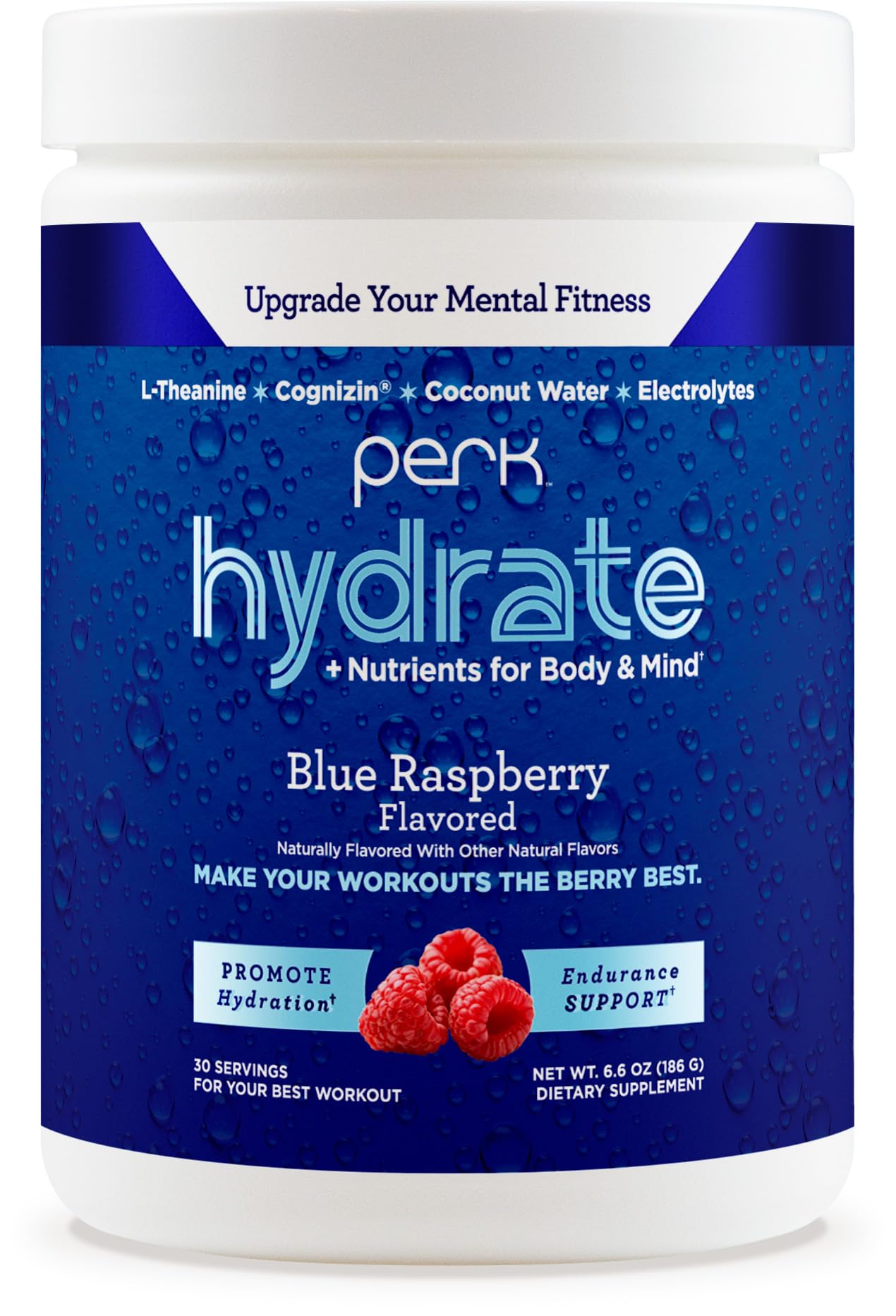 Perk Hydrate Blue Raspberry electrolyte drink mix powder tub