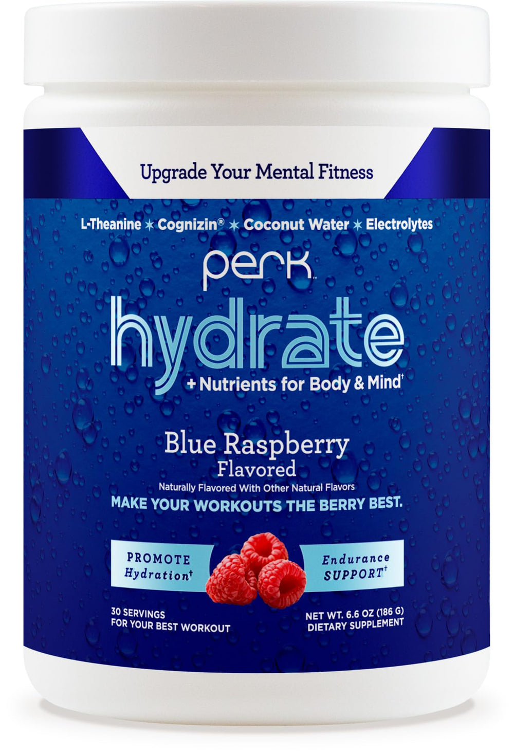 Perk Hydrate Blue Raspberry electrolyte drink mix powder tub