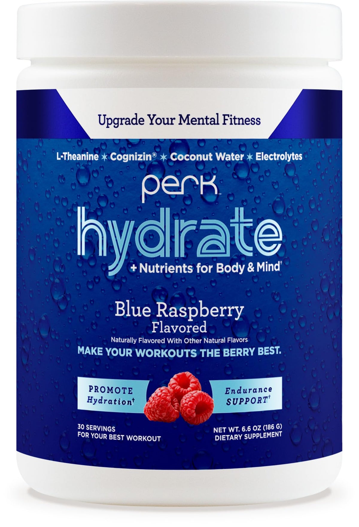 Perk Hydrate Blue Raspberry electrolyte drink mix powder tub