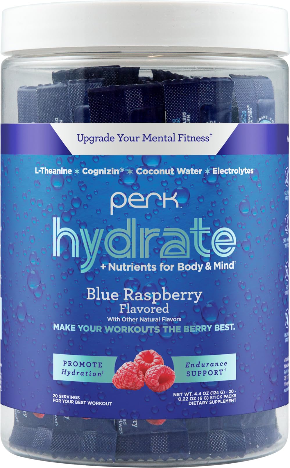 Perk Hydrate Blue Raspberry Electrolyte Stickpacks 20-pack box