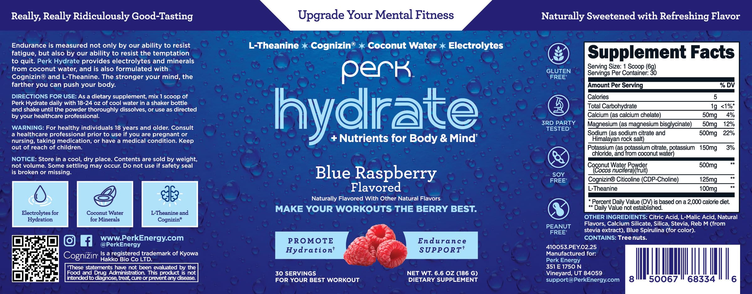 Glass of prepared blue raspberry Perk Hydrate electrolyte drink