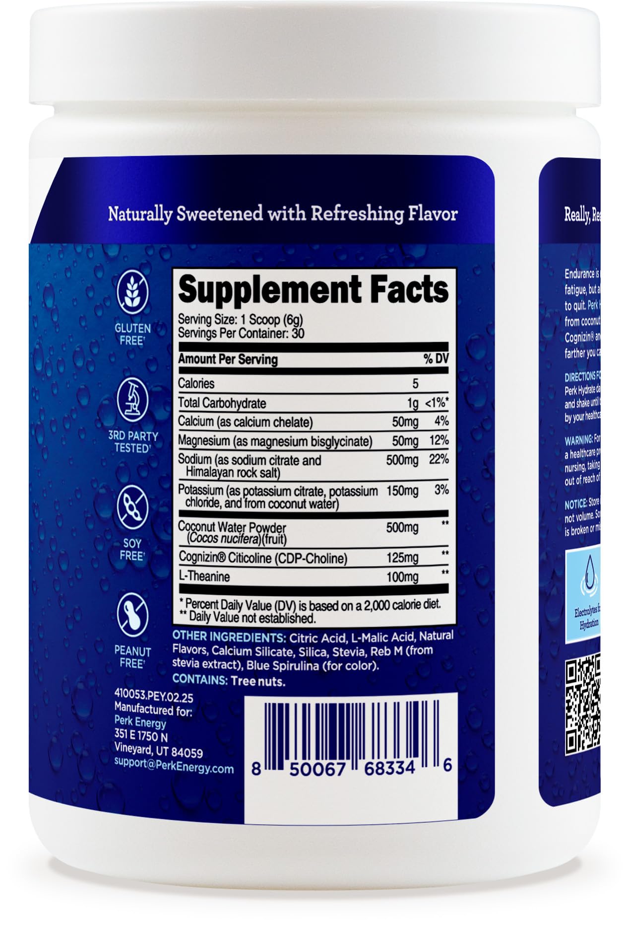 Nutritional label and Cognizin trademark on Perk Hydrate tub