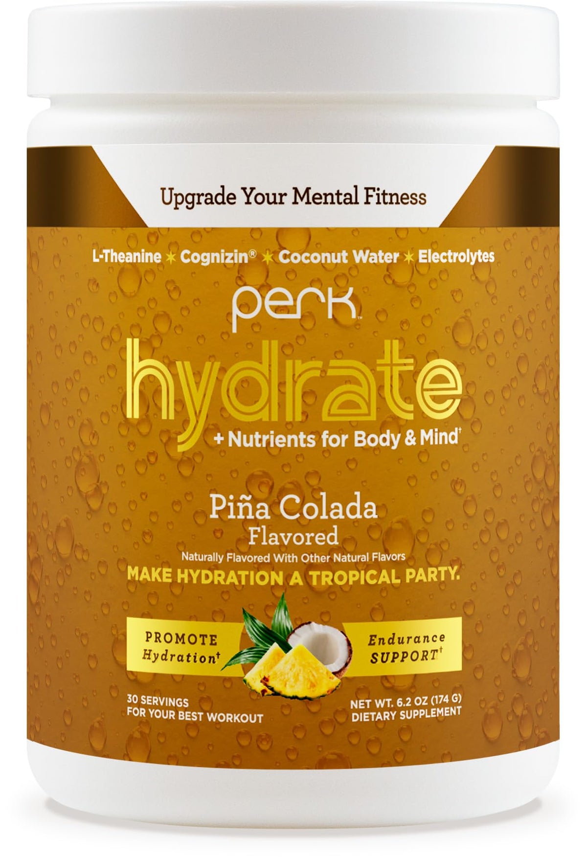 Perk Hydrate Pina Colada electrolyte drink mix container label with 30 servings