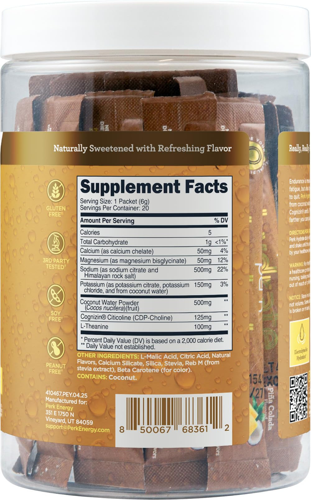 Perk Hydrate stickpack in glass with straw offers a refreshing coconut blend.