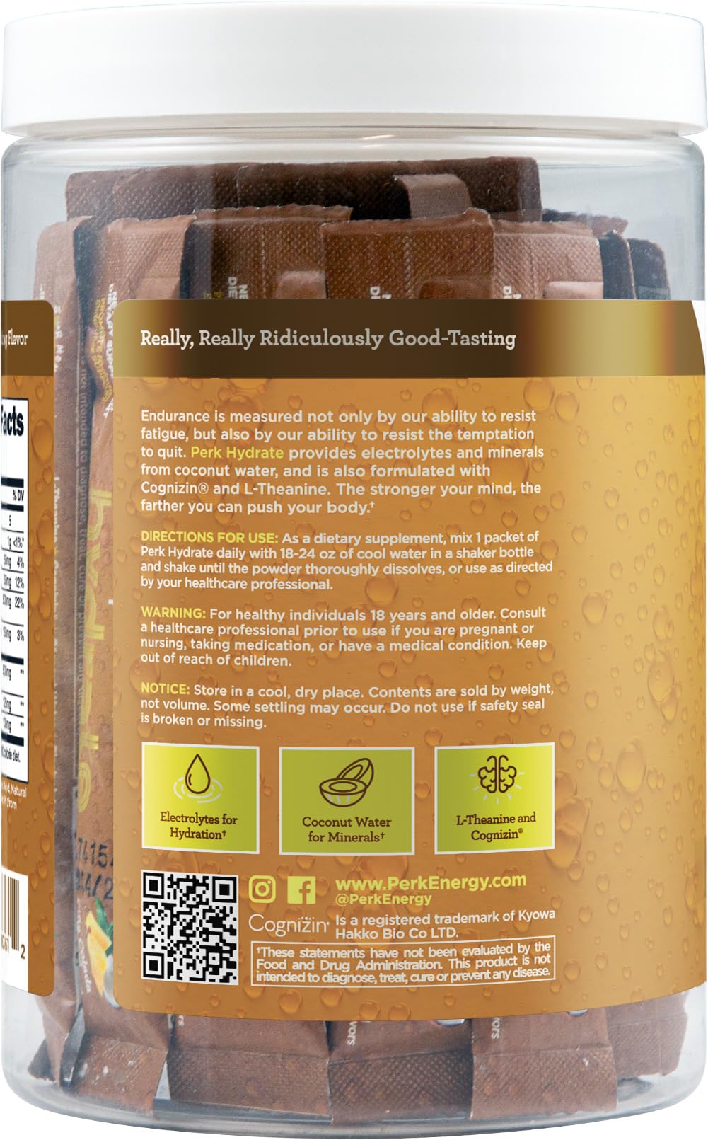 Perk Hydrate stickpack ingredients chart highlights a clean, allergen-conscious formula.