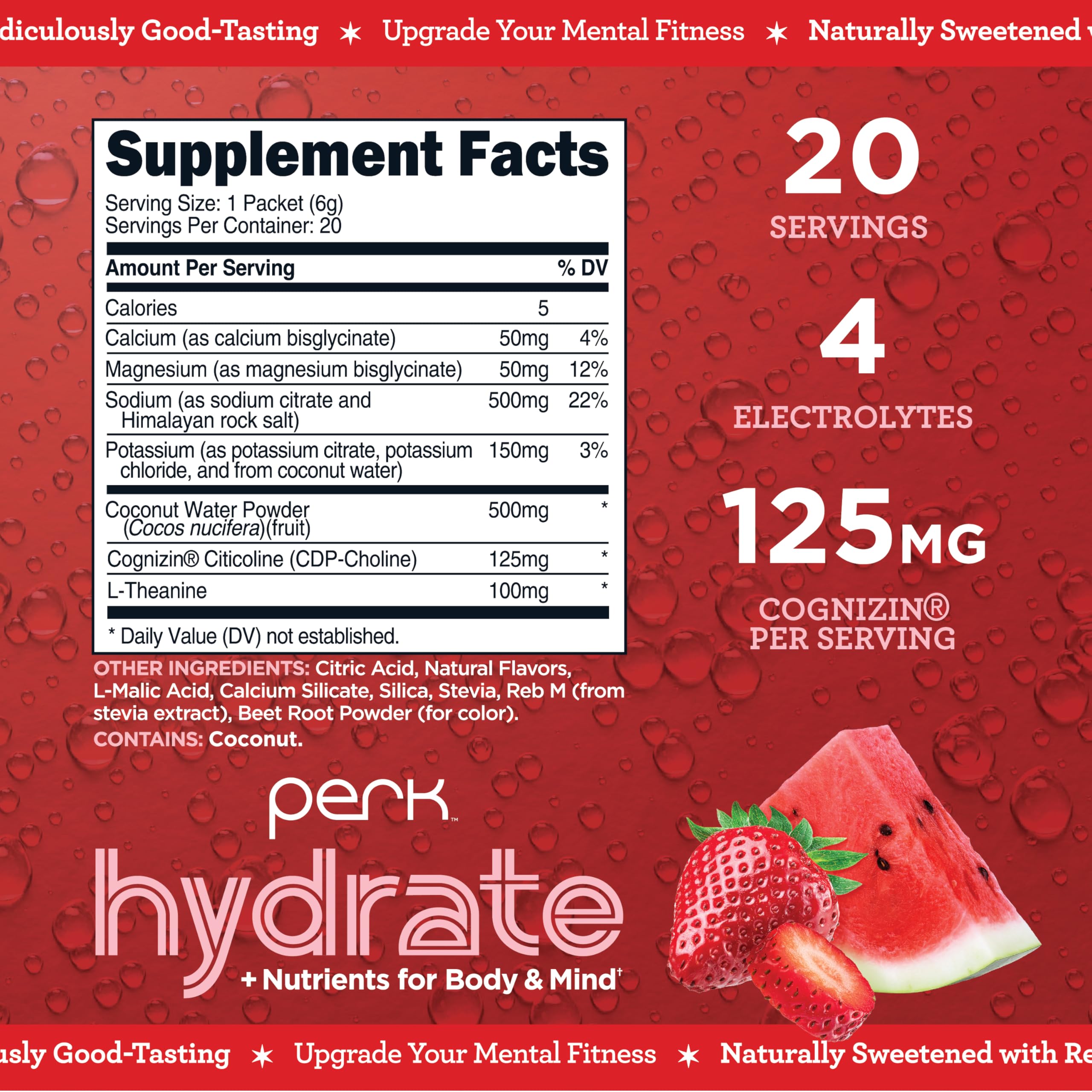 Close-up of Perk Hydrate Strawberry Watermelon electrolyte stickpack showing label