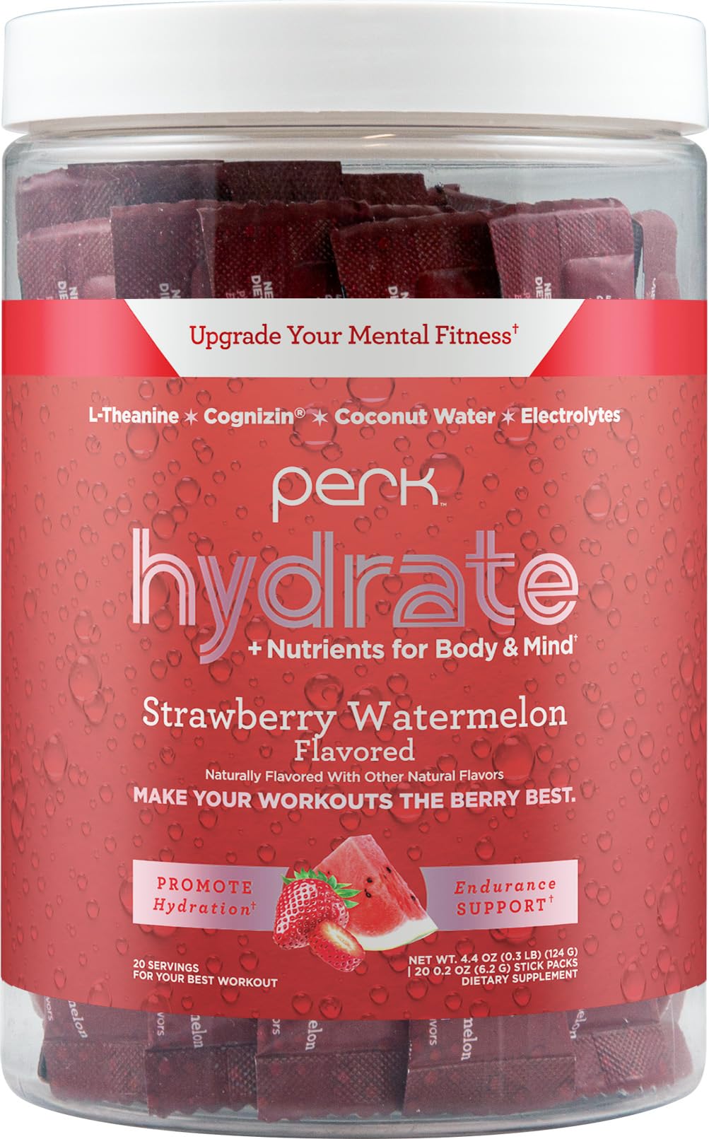 Front view of Perk Hydrate Strawberry Watermelon electrolyte stickpacks 20-pack