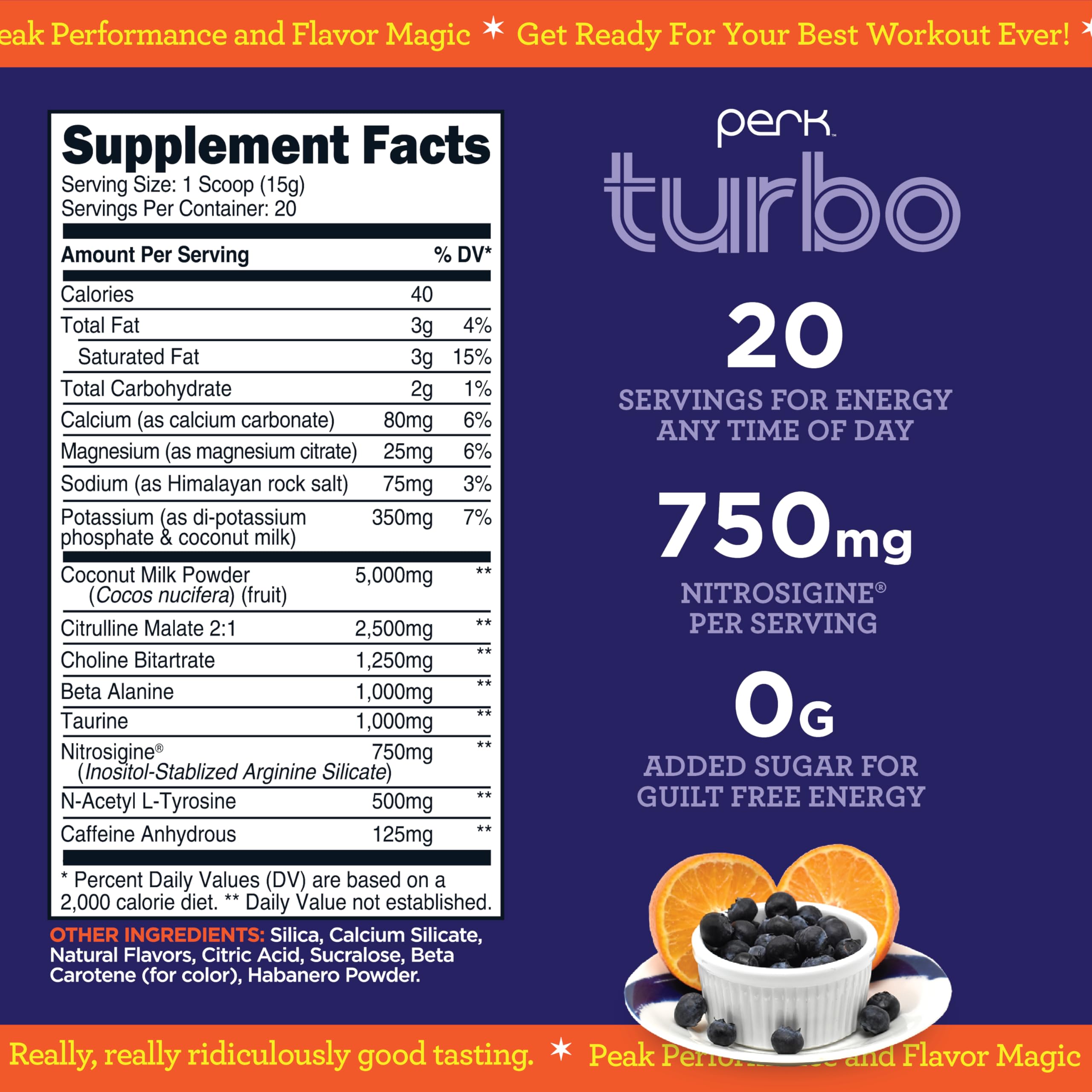 Back label of Perk Turbo Pre-Workout Powder with ingredients and caffeine