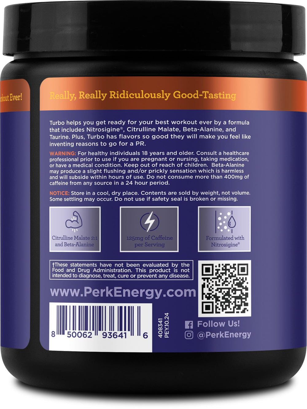Perk Turbo Pre-Workout label featuring blueberry-tangerine flavor and allergen-free notes.