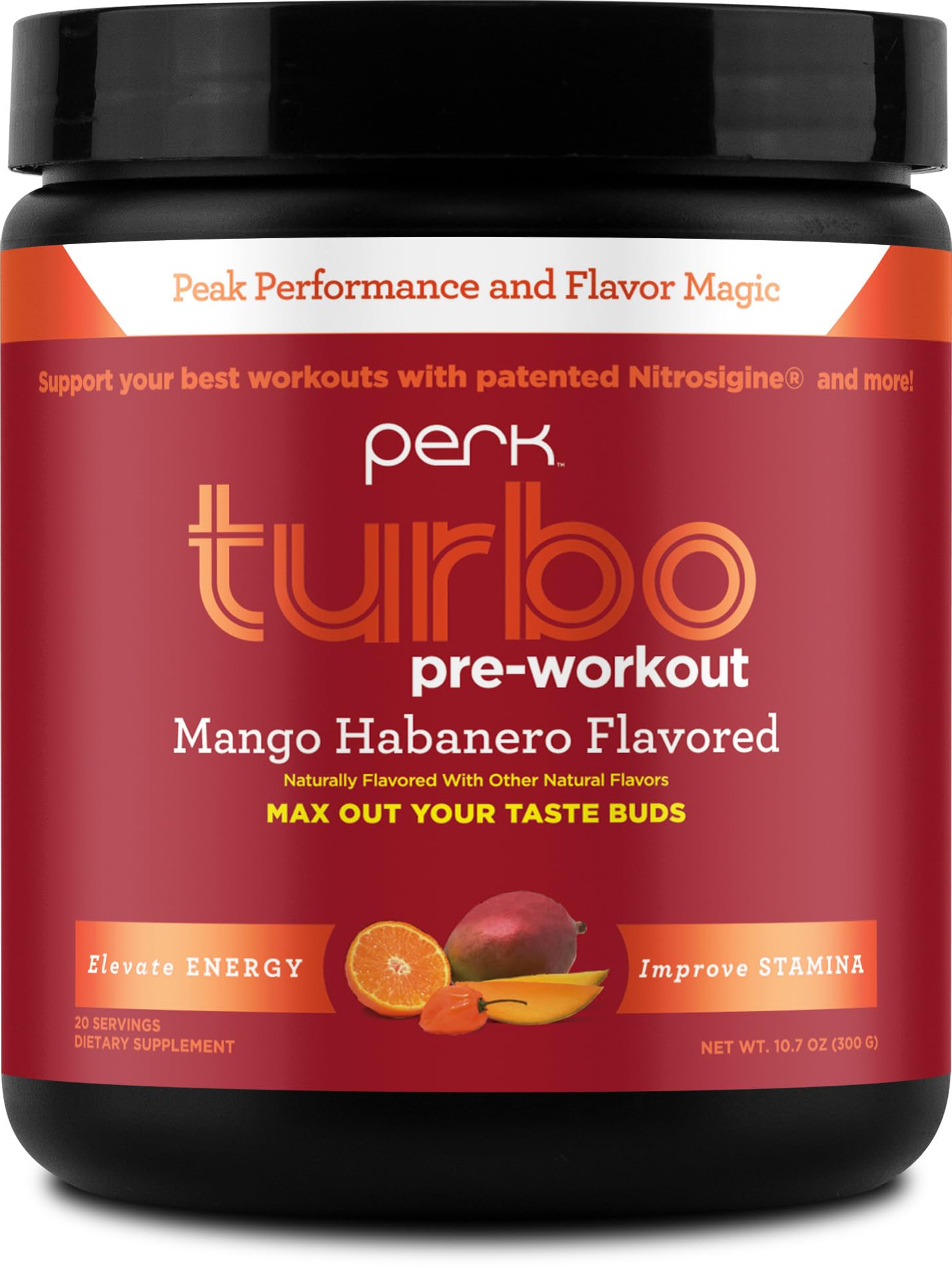 Perk Turbo Pre-Workout Powder Mango Habanero 20 Servings container