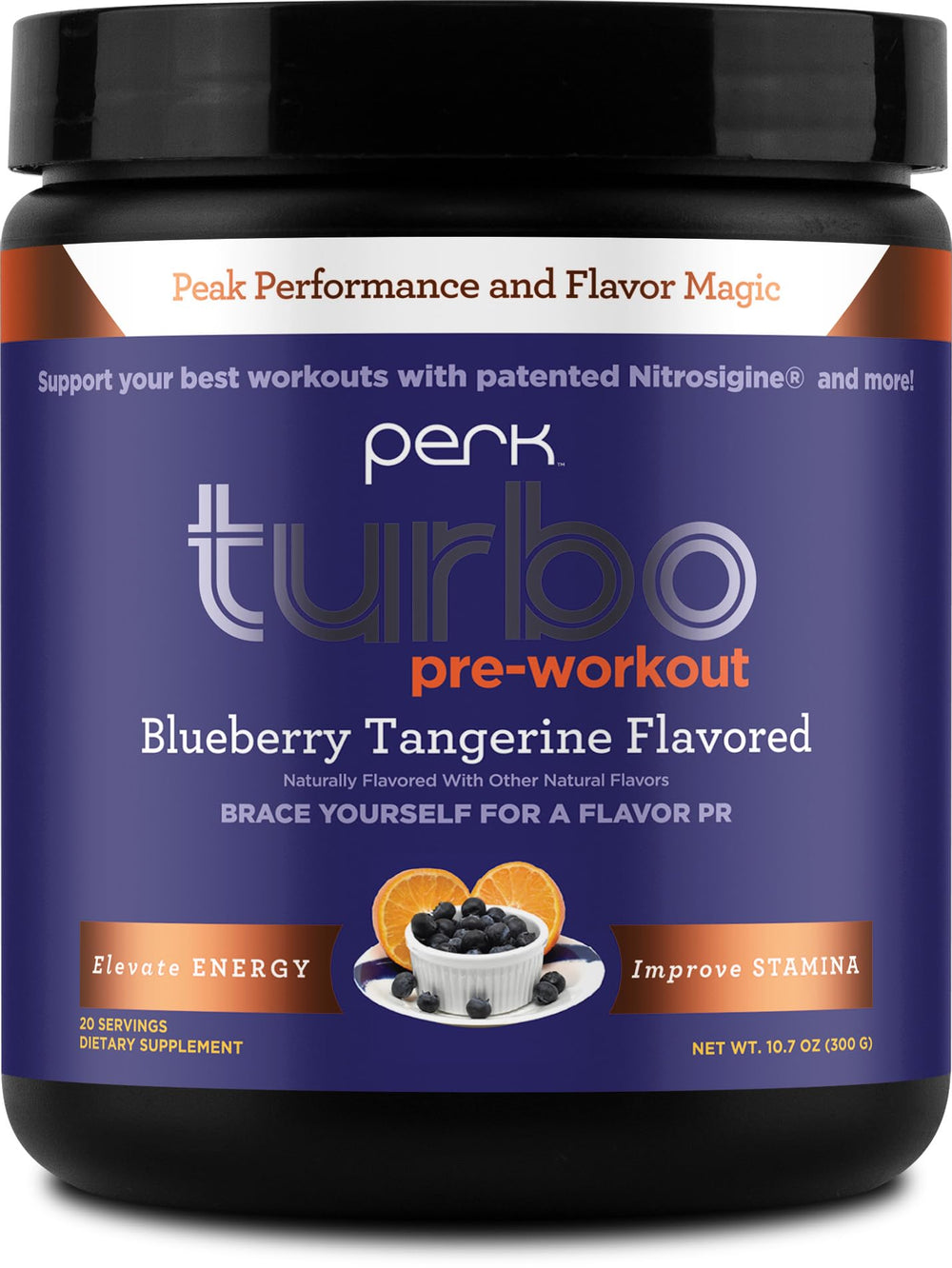 Perk Turbo Pre-Workout tub front showing 20 servings for steady pre-workout energy.