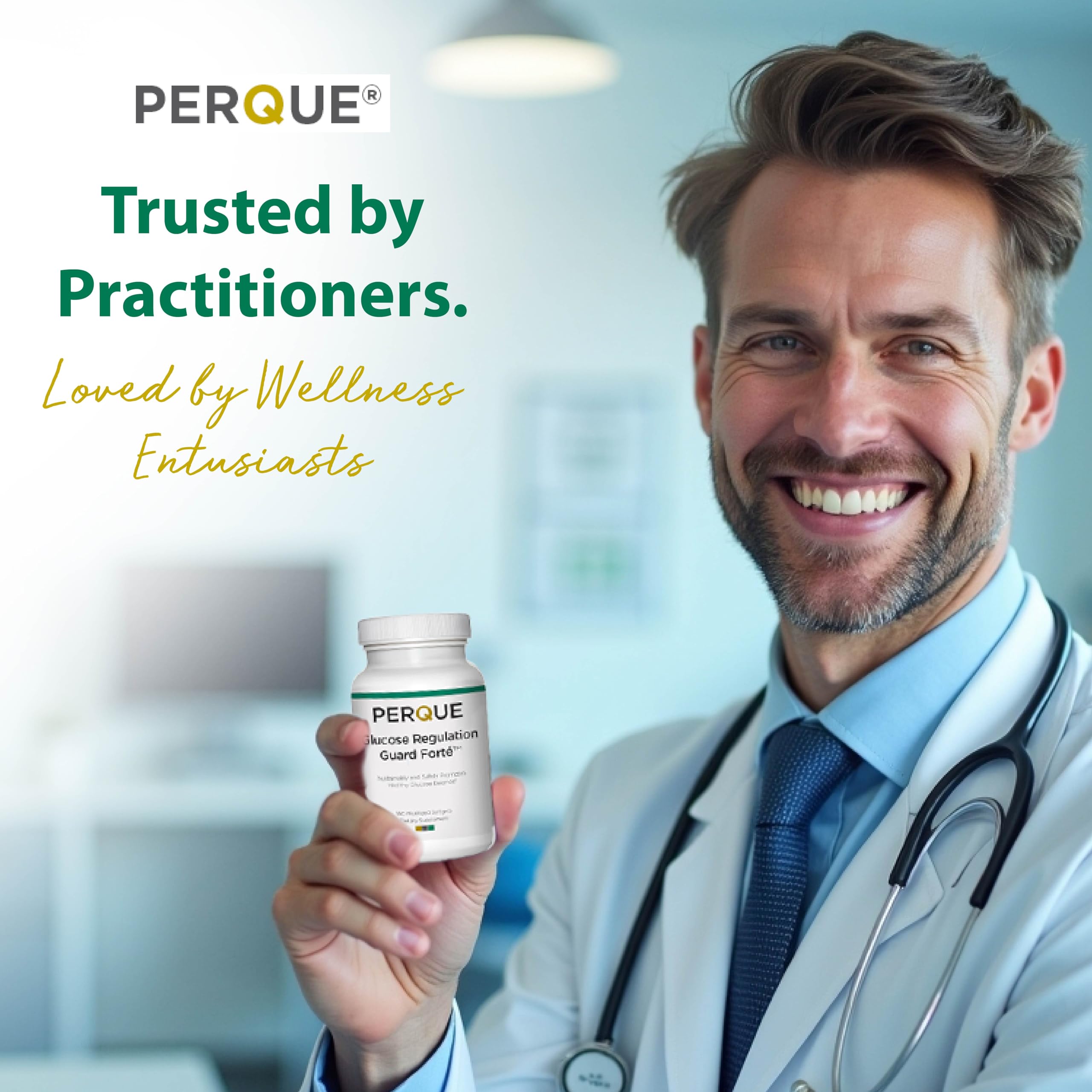 Close-up of softgel capsules from Perque Glucose Regulation Guard Forte