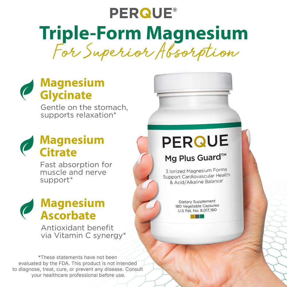 Close-up of Mg Plus Guard capsules showing high-absorption formula