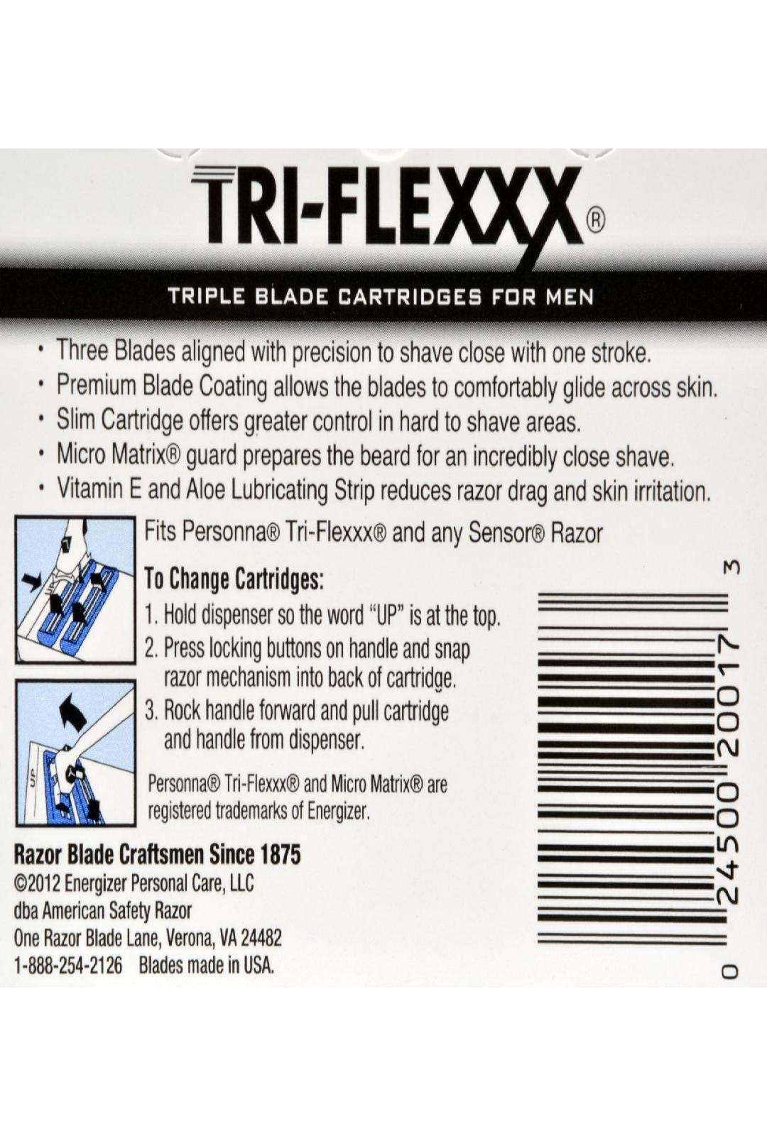 Personna Tri Flex cartridge lubricating strip shows vitamin E and aloe for less irritation