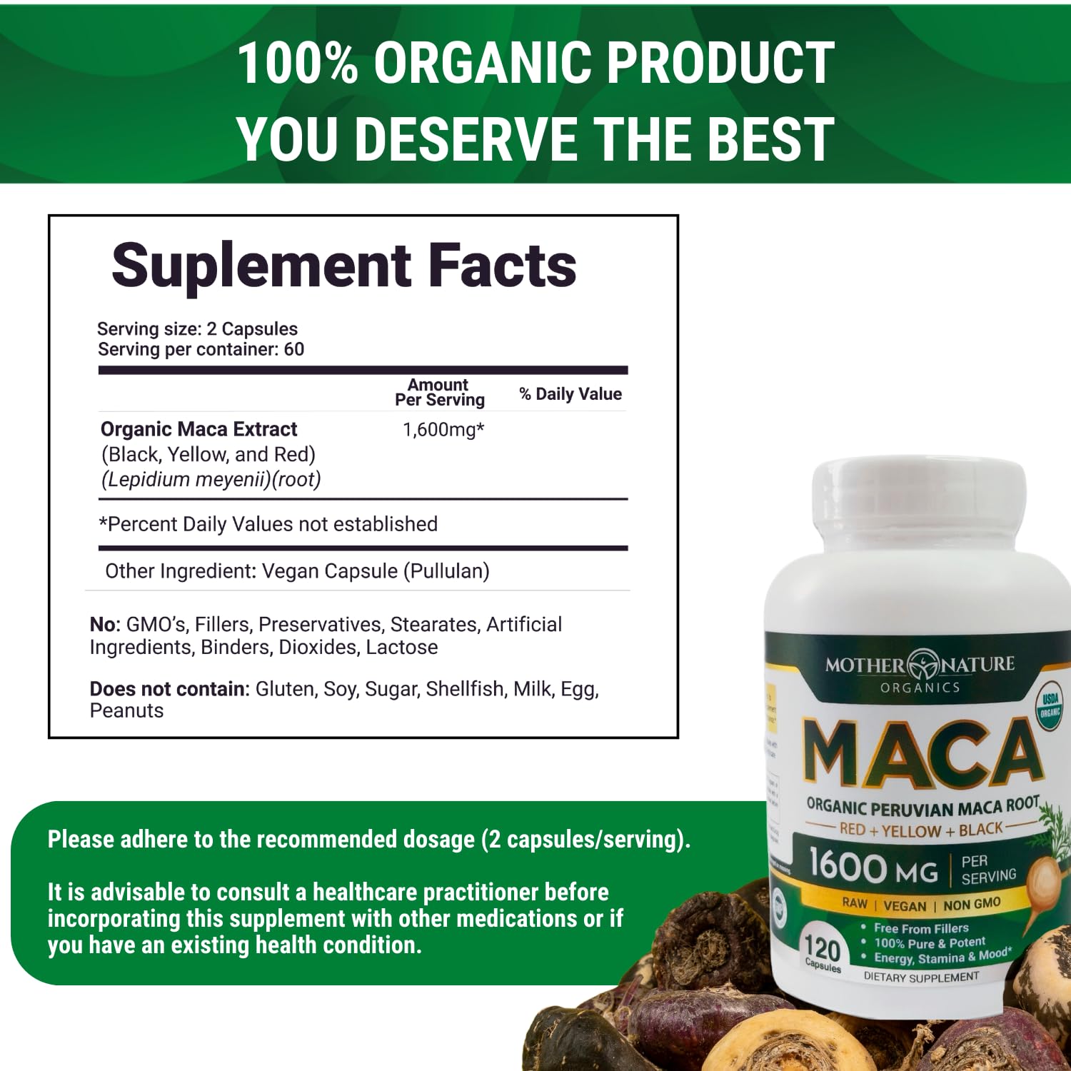 Peruvian maca root capsules 1600mg vegan composition