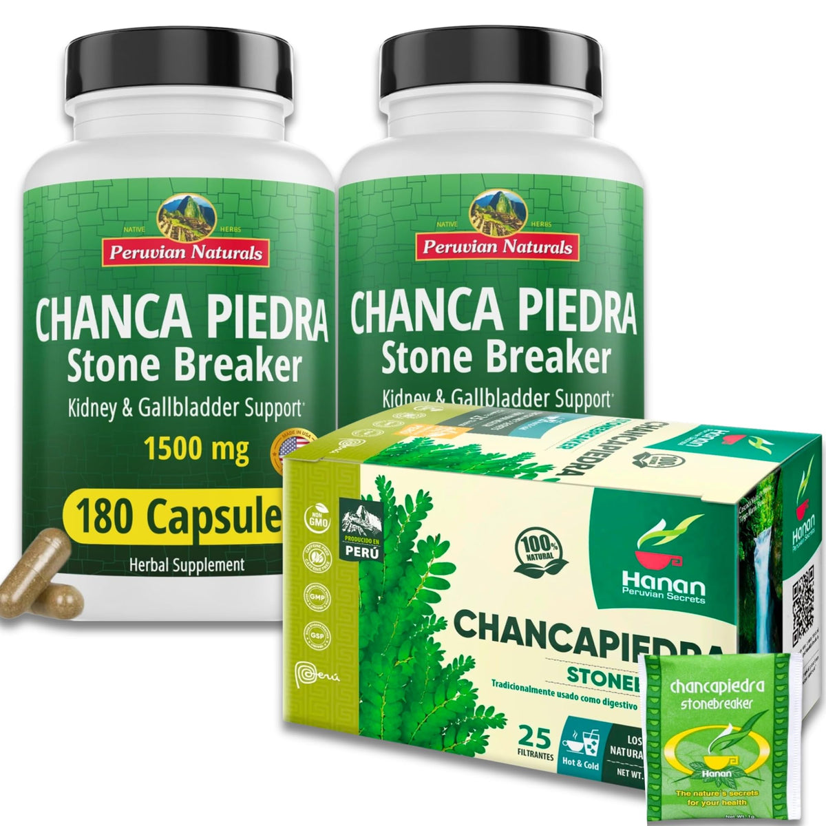 Peruvian Naturals Chanca Piedra Capsules & Herbal Tea Bundle, Stone Breaker Kidney Support, Pack of 3