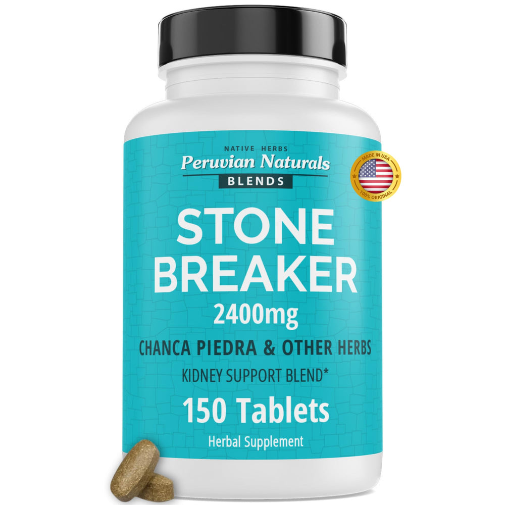Front view of Peruvian Naturals Chanca Piedra Stone Breaker bottle with 150 tablets