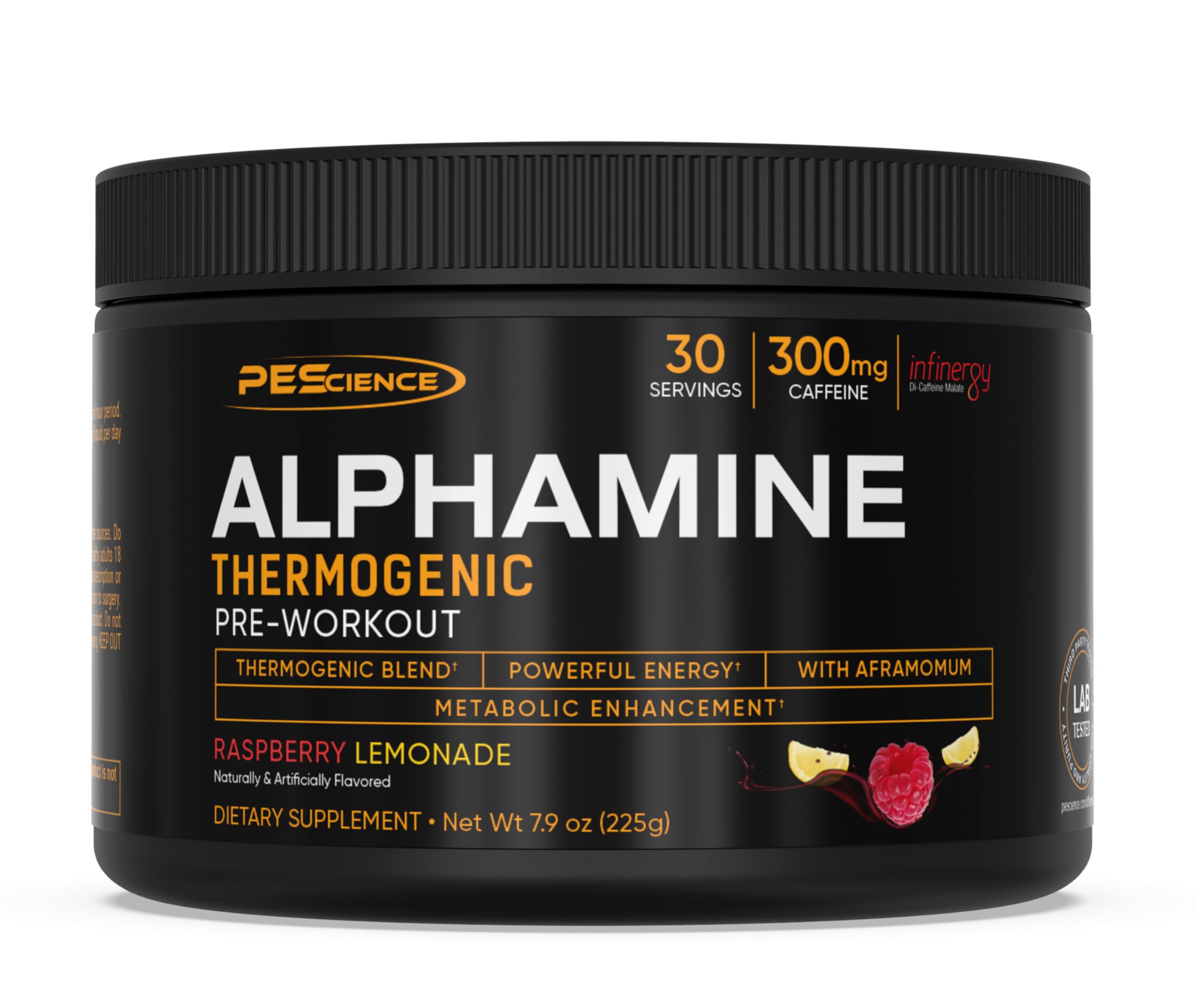 PEScience Alphamine bottle with sleek label showing focused energy for workouts