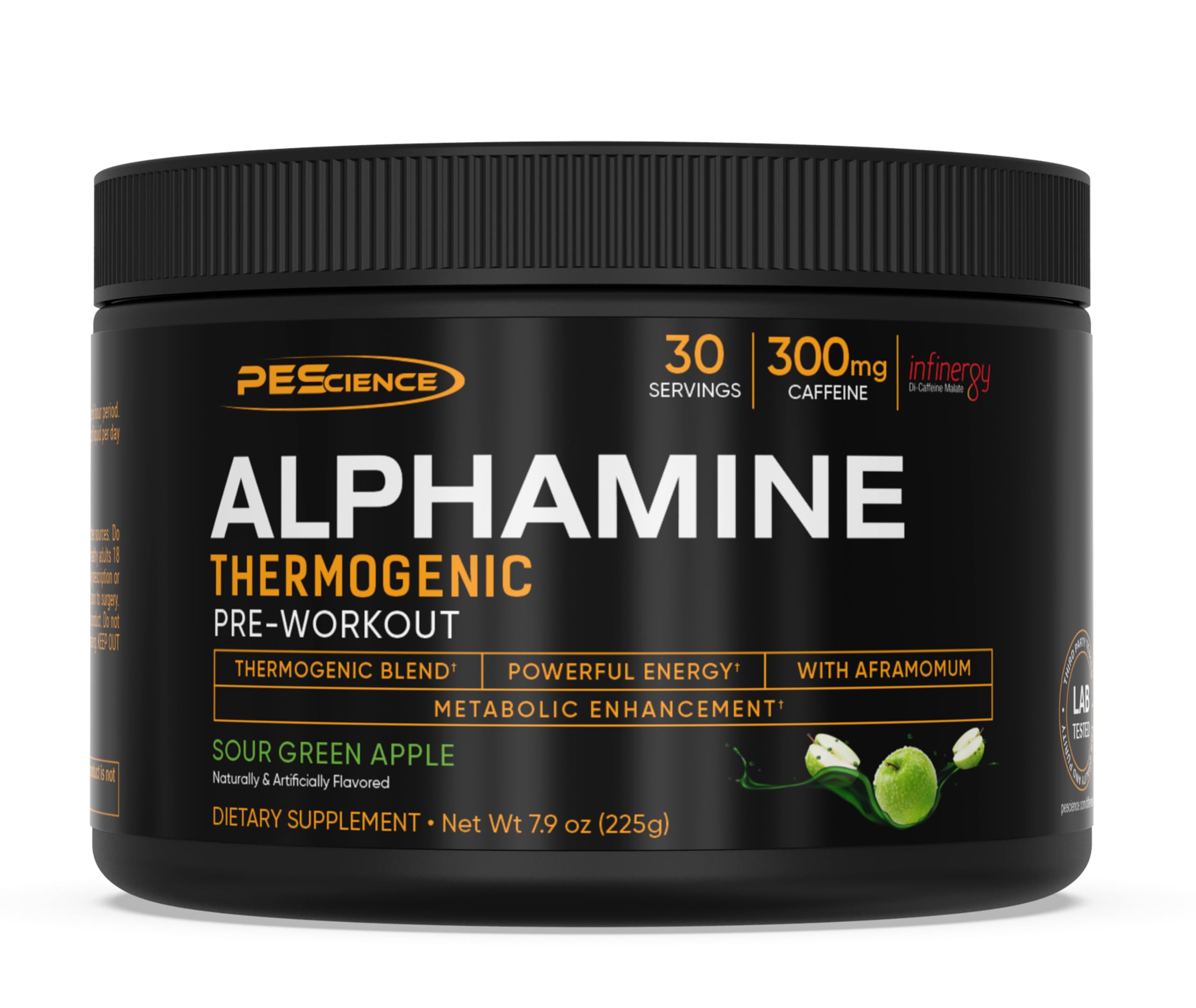 PEScience Alphamine tub front showing clean energy and focus for workouts.
