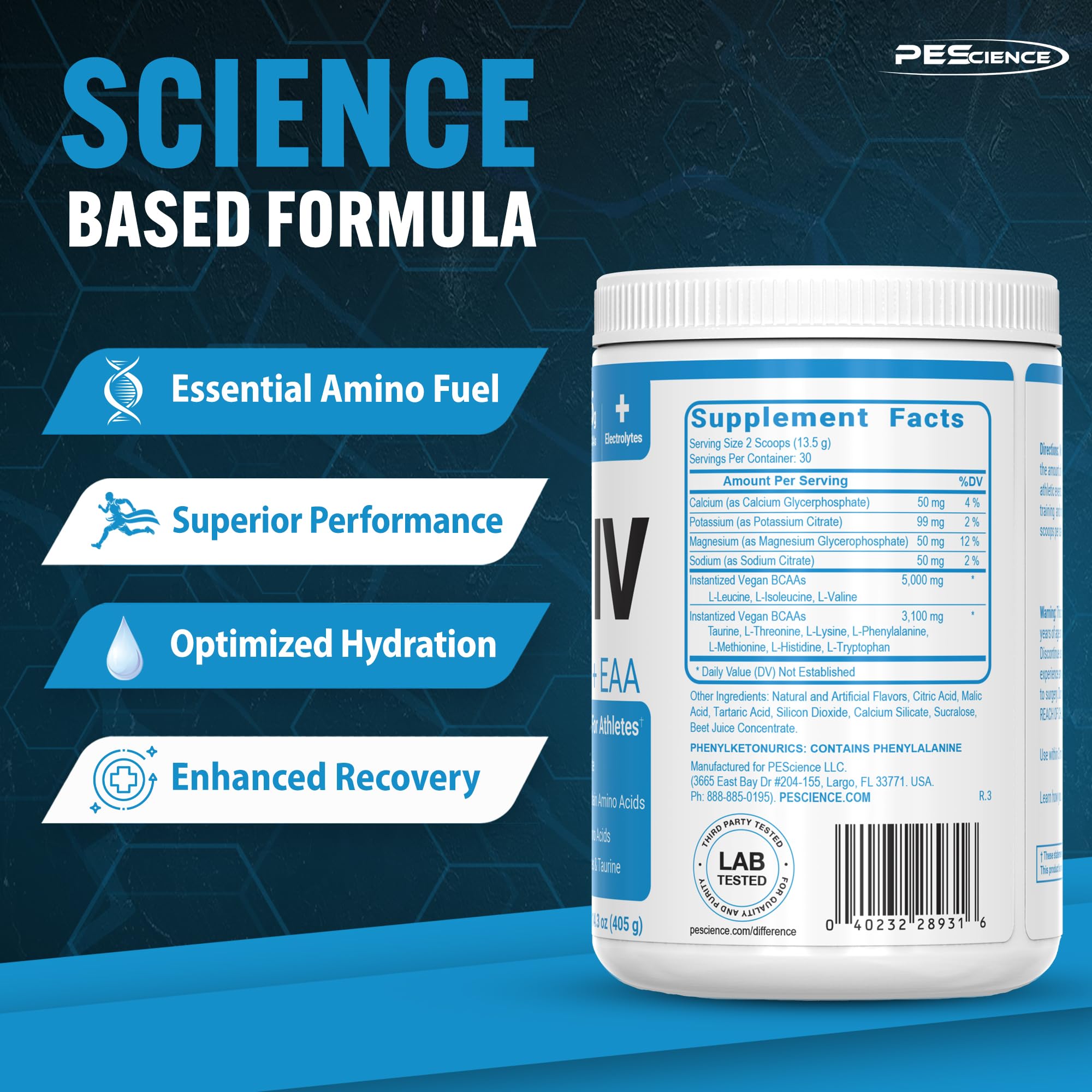 PEScience Amino IV powder-dispense highlights rapid absorption for muscle support.