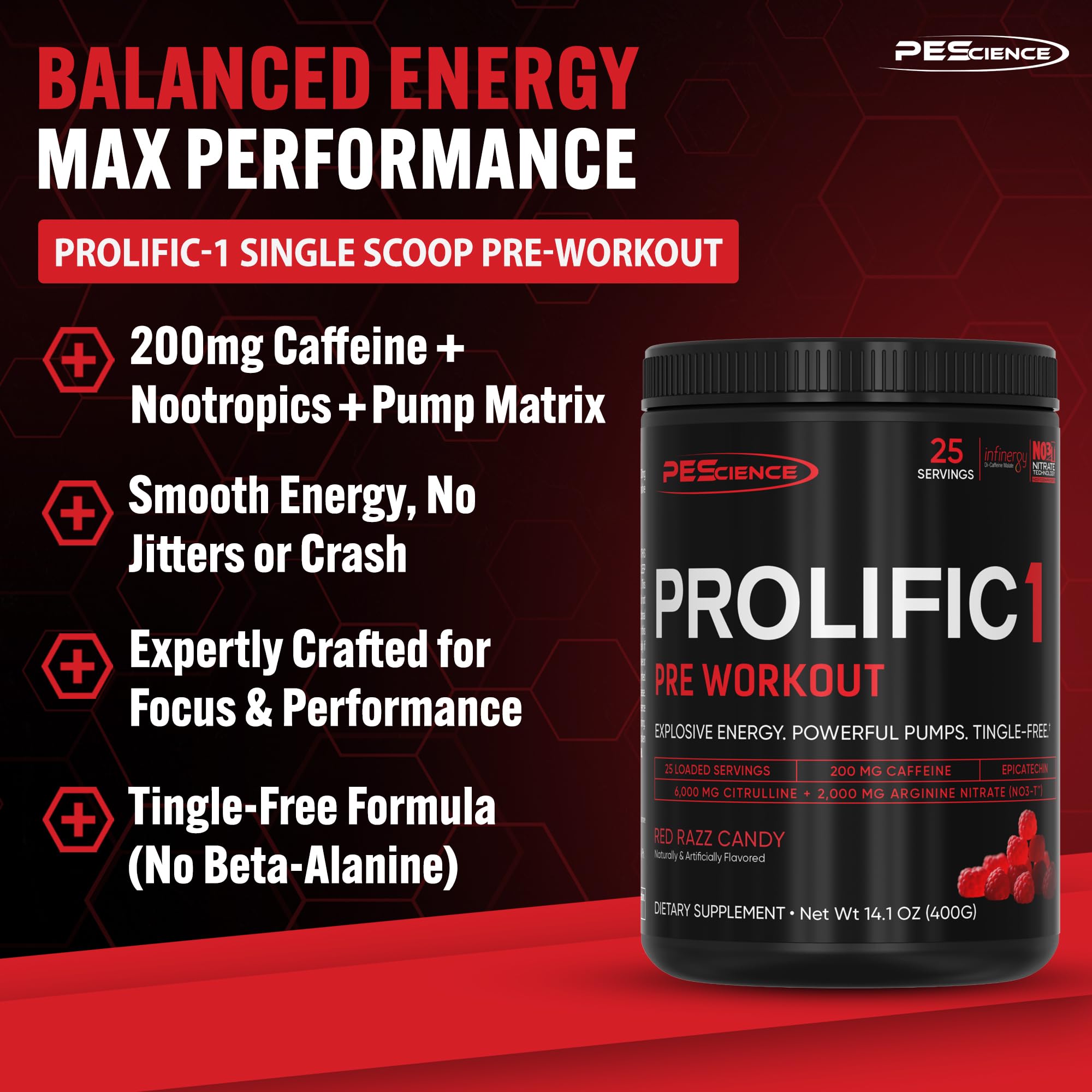 PEScience Prolific-1 scoop demonstrates easy one-scoop serving for focused energy