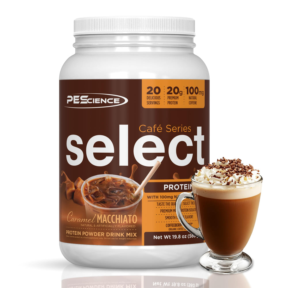 PEScience Select Cafe caramel macchiato canister showing creamy protein coffee texture
