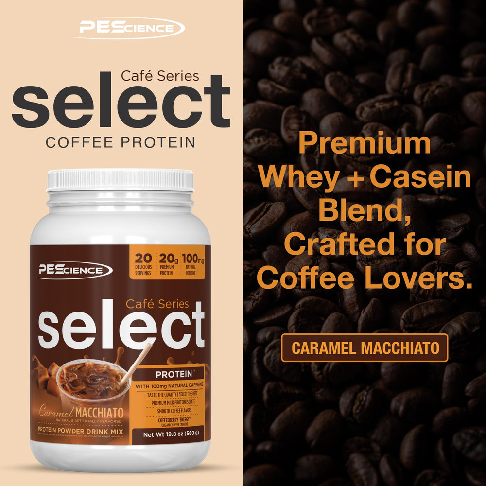 PEScience Select Cafe iced coffee glass highlighting refreshing protein coffee blend