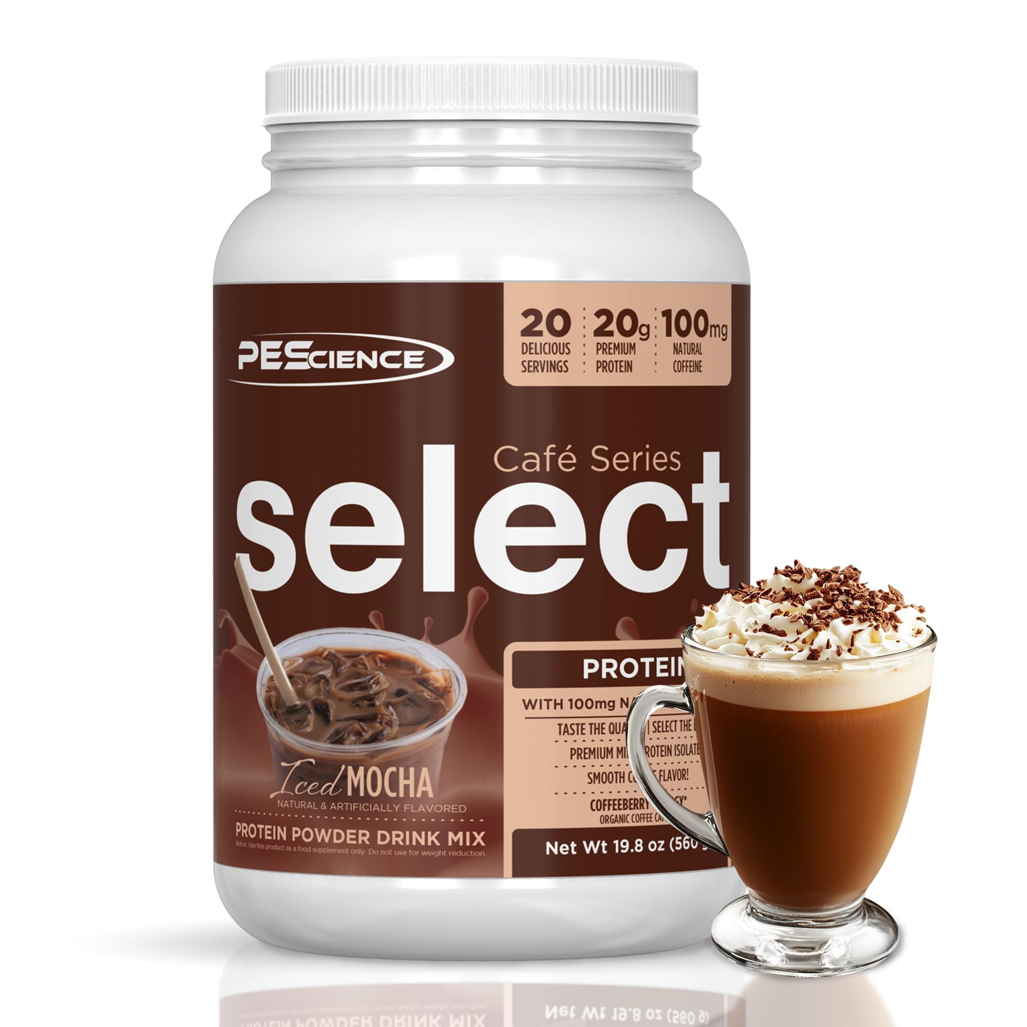PEScience Select Cafe iced mocha bottle shows convenient protein coffee option.