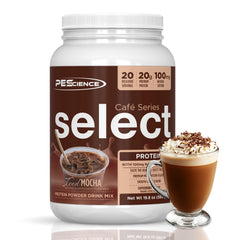 PEScience Select Cafe iced mocha bottle shows convenient protein coffee option.