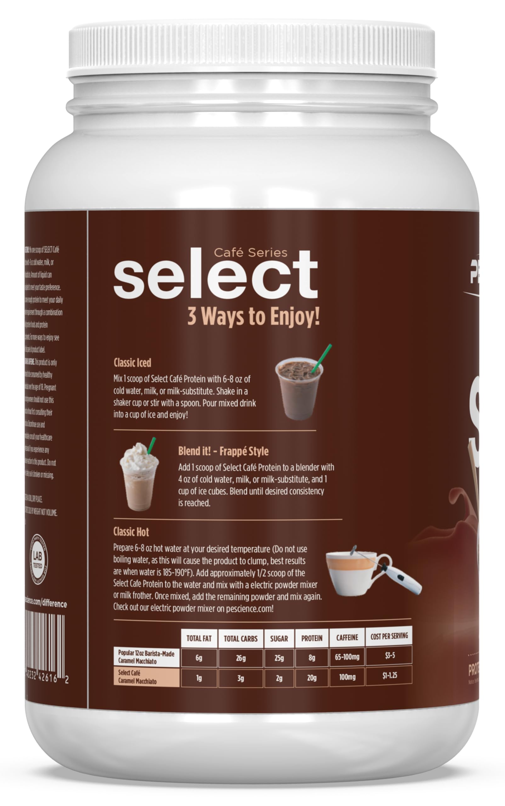 PEScience Select Cafe label confirms third-party testing and quality.