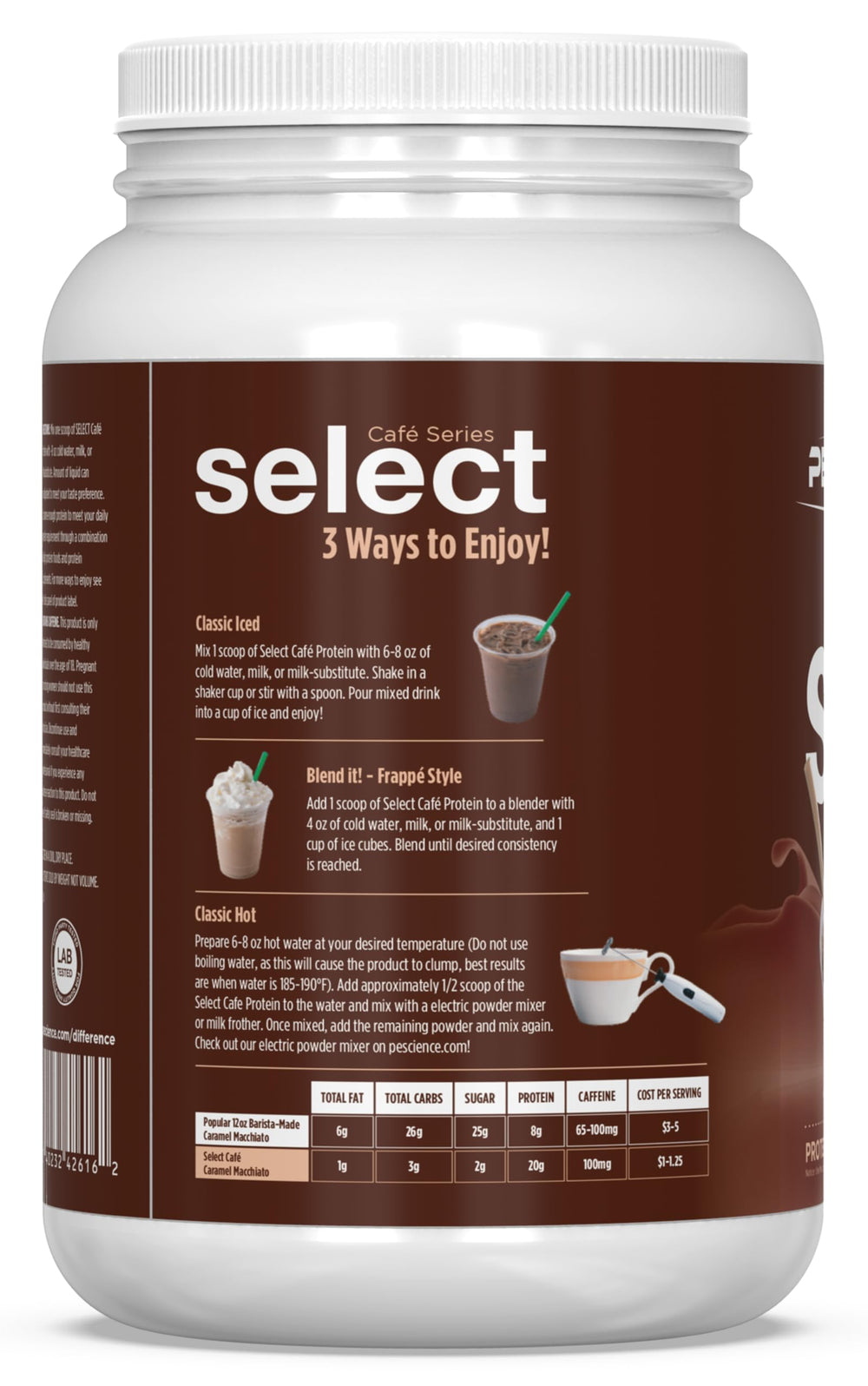 PEScience Select Cafe label confirms third-party testing and quality.