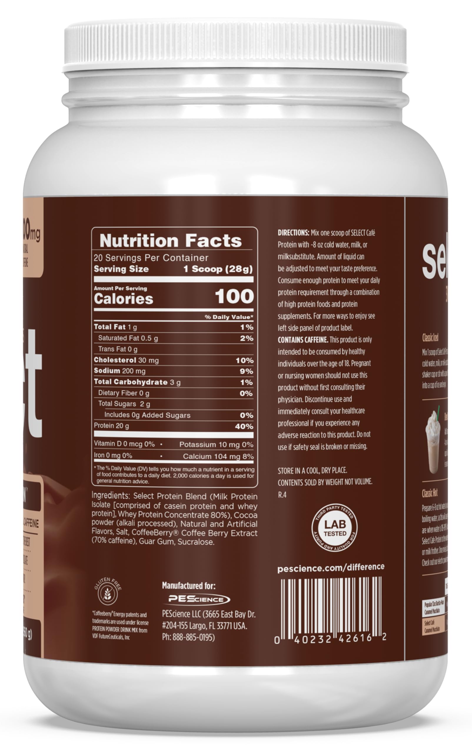 PEScience Select Cafe powder scoop ready for quick protein coffee mix.