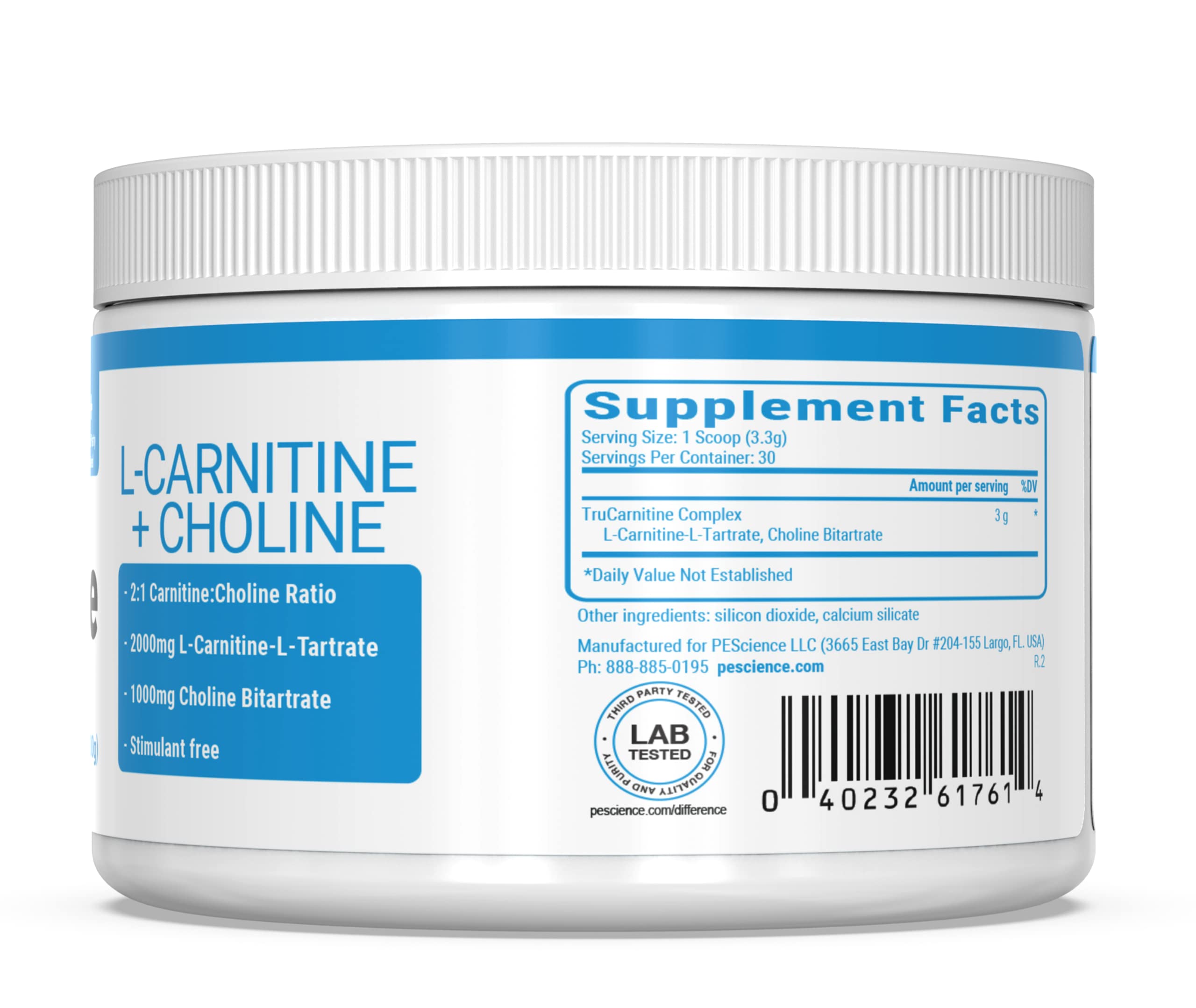 PEScience TruCarnitine jar closeup showing premium packaging for everyday use.