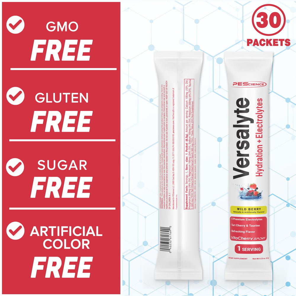 PEScience Versalyte wildberry label close-up showing electrolytes and sugar-free formula