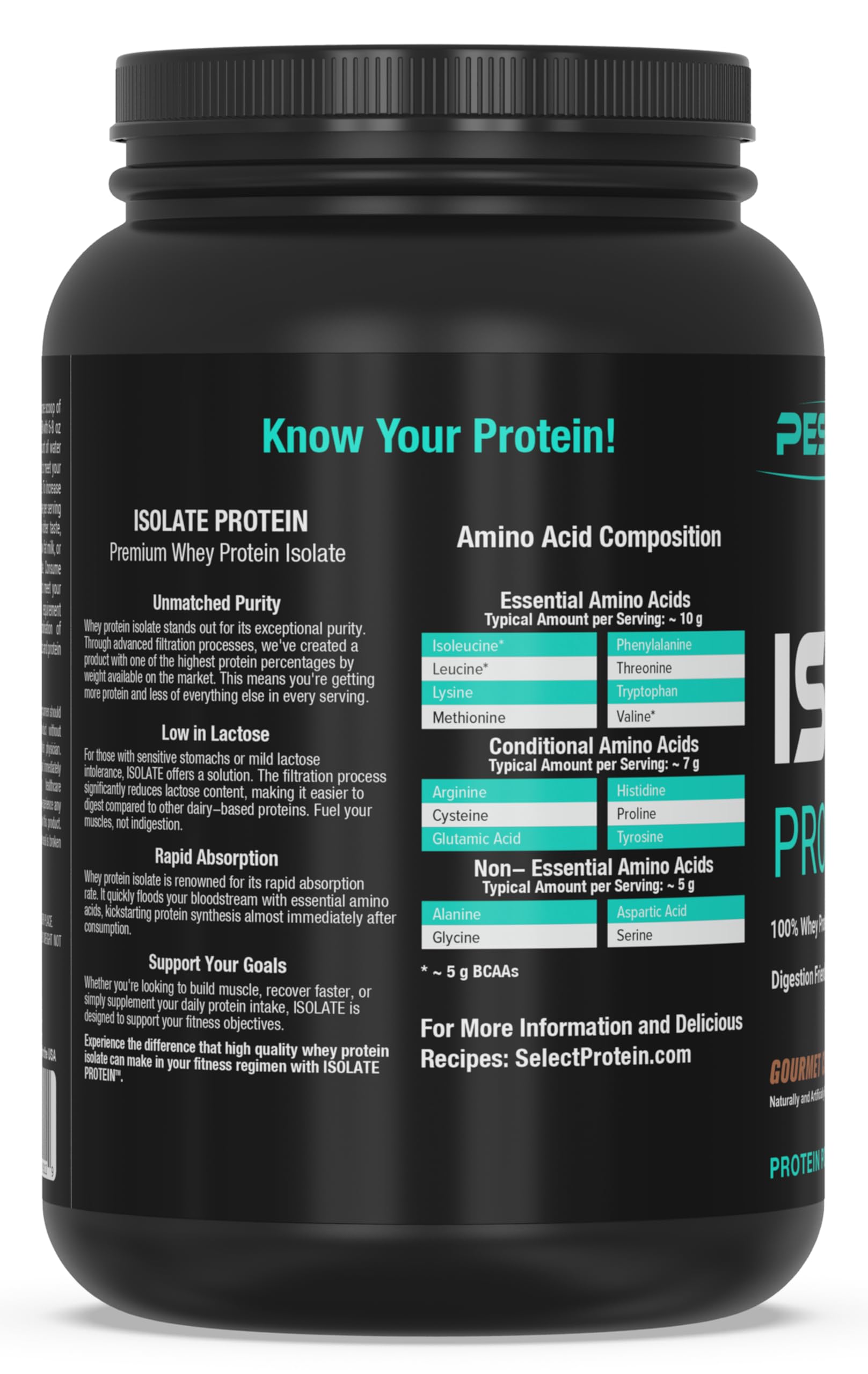 PEScience Whey Isolate ingredient panel shows pure protein composition