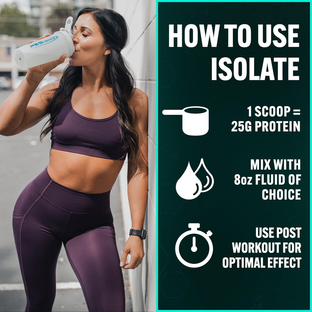 PEScience Whey Protein Isolate gluten-free badge signals clean nutrition.