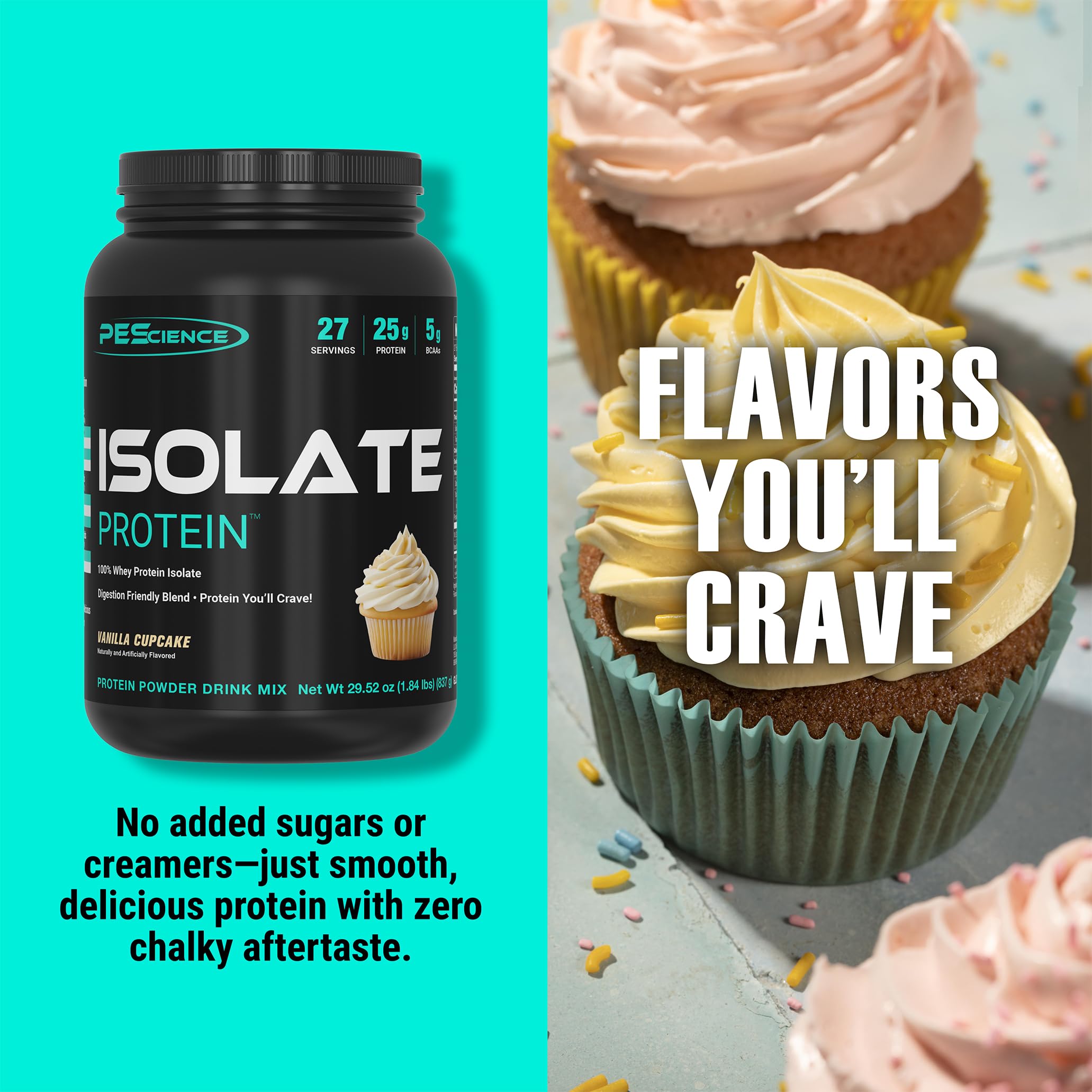 PEScience Whey Protein Isolate Vanilla Cupcake pour demonstrates fast-absorbing post-workout protein.