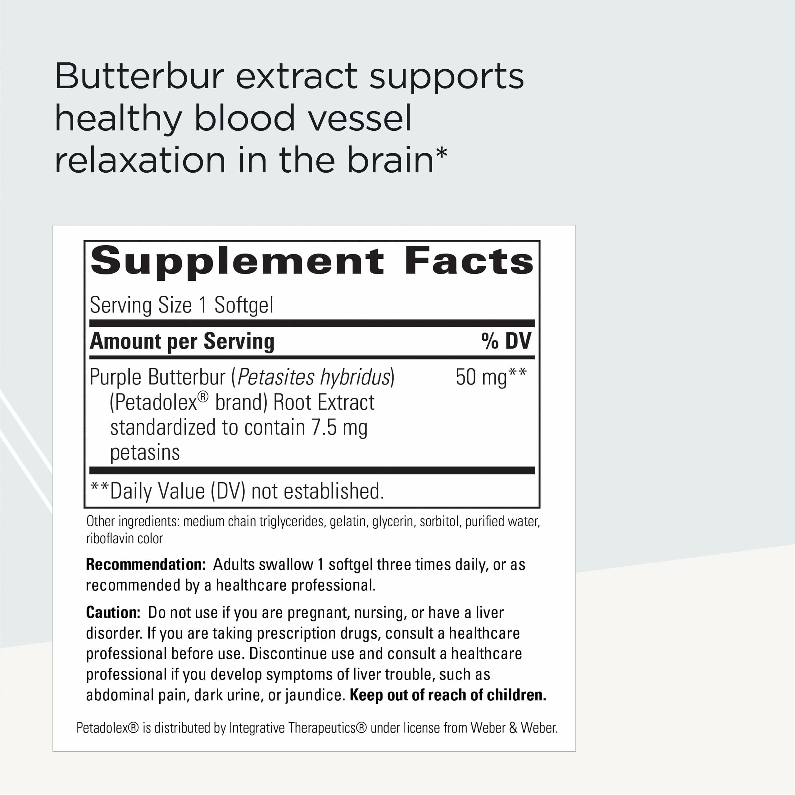 Close-up of Petadolex Butterbur brain support bottle label detail