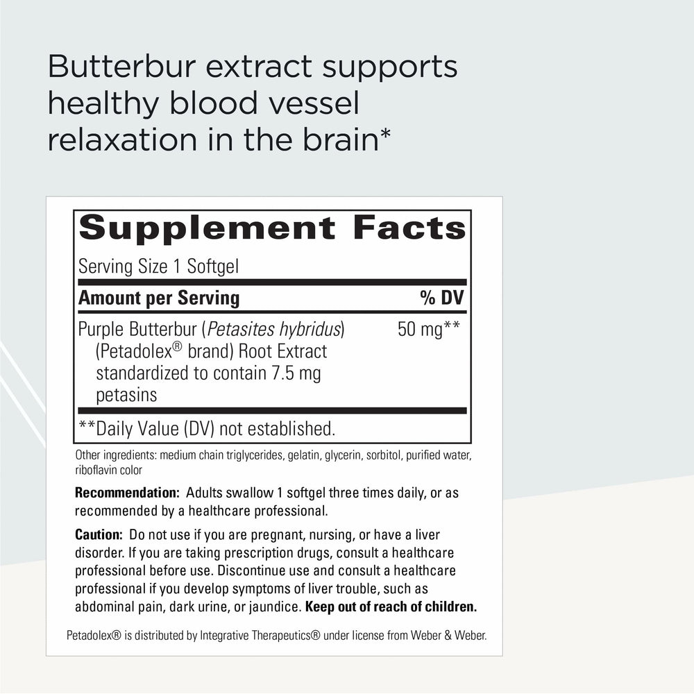 Close-up of Petadolex Butterbur brain support bottle label detail