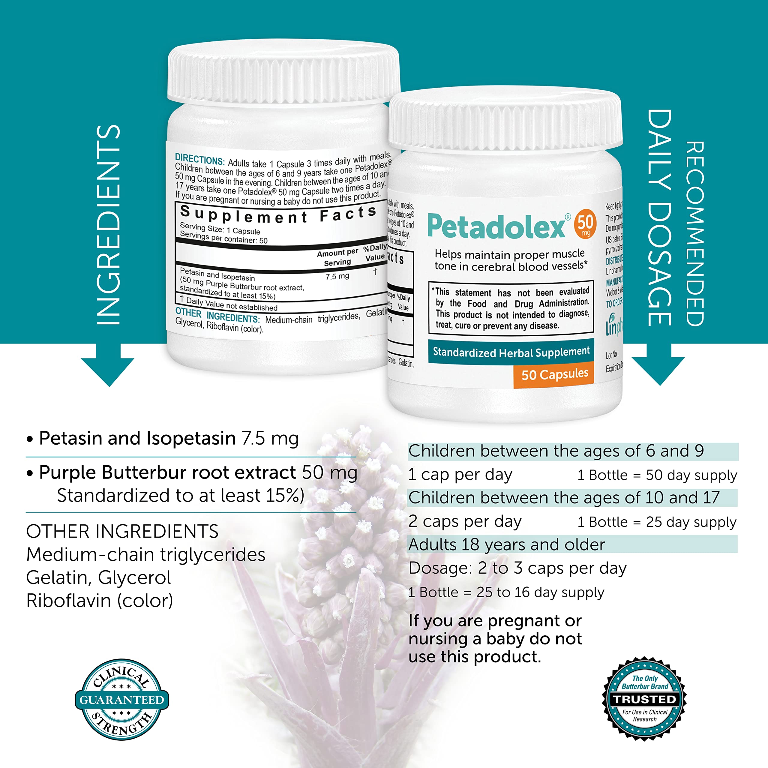 PA-free butterbur extract information badge on Petadolex