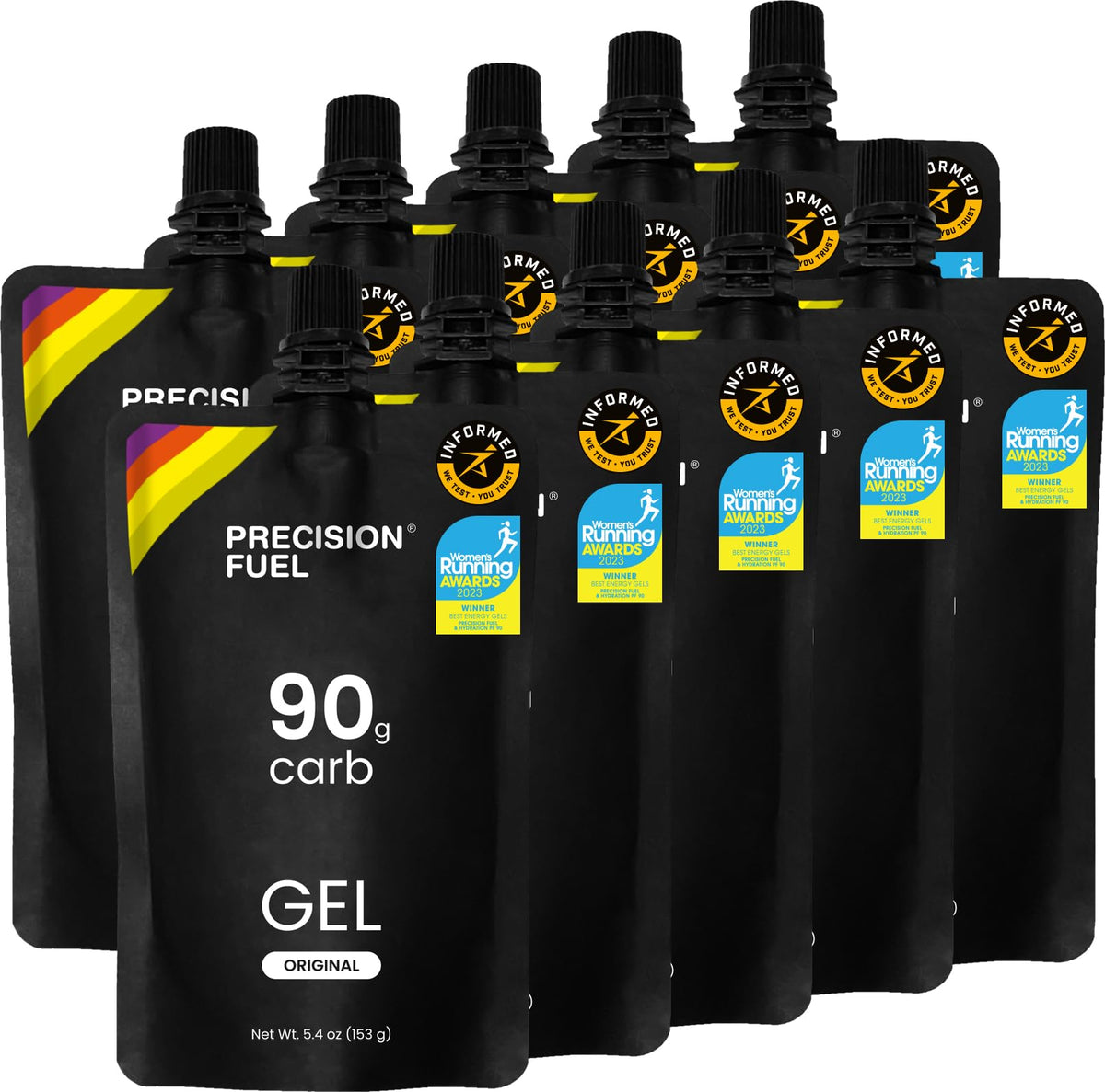 Precision Hydration PF90 Energy Gels pack front view for on-the-go endurance fueling.