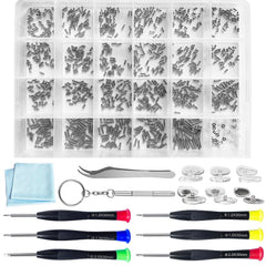 PFDHQS Eyeglass Repair Kit contents showing 24 screw types and accessories