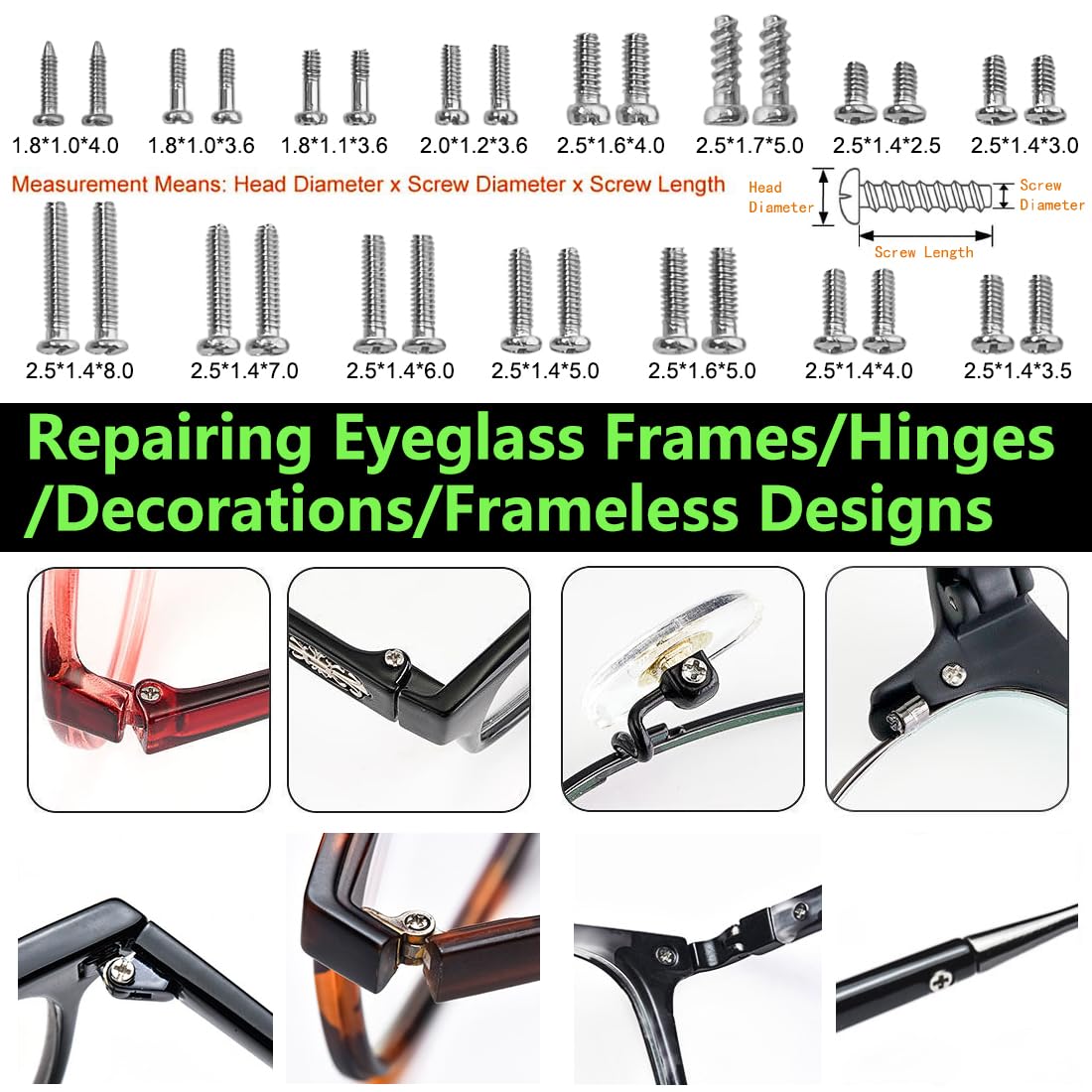 Assorted eyeglass screws for 15 key sizes