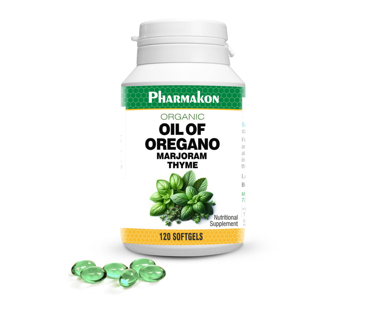 PHARMAKON Fresh Oregano Oil Complex bottle label with Thyme and Marjoram