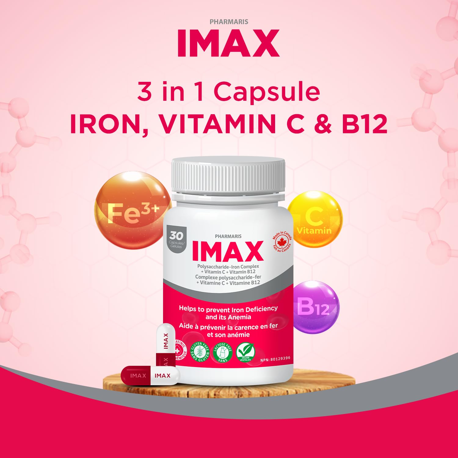 Close-up of 3-in-1 capsule with iron, vitamin C, and vitamin B12