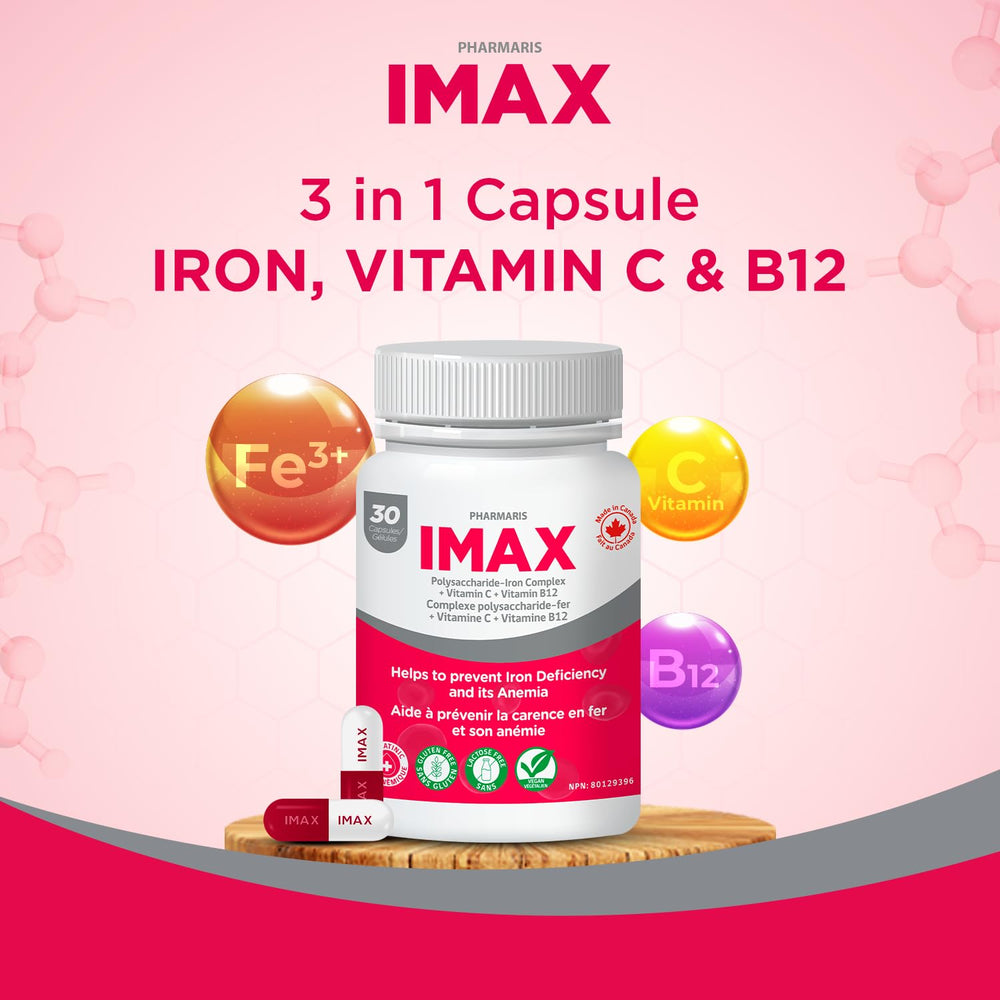 Close-up of 3-in-1 capsule with iron, vitamin C, and vitamin B12