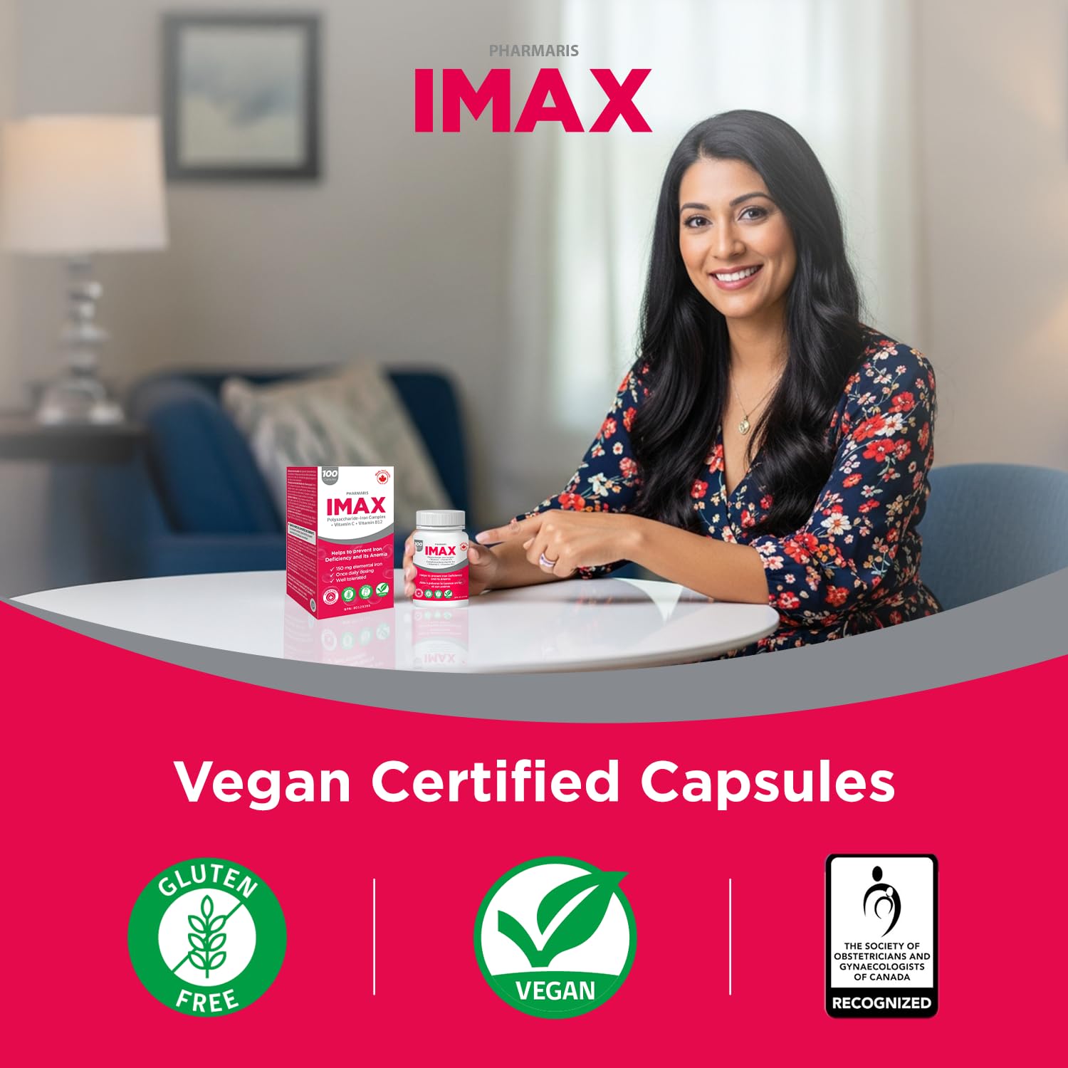 Supplement facts panel showing 150 mg iron, 250 mg vitamin C, 1000 mcg vitamin B12